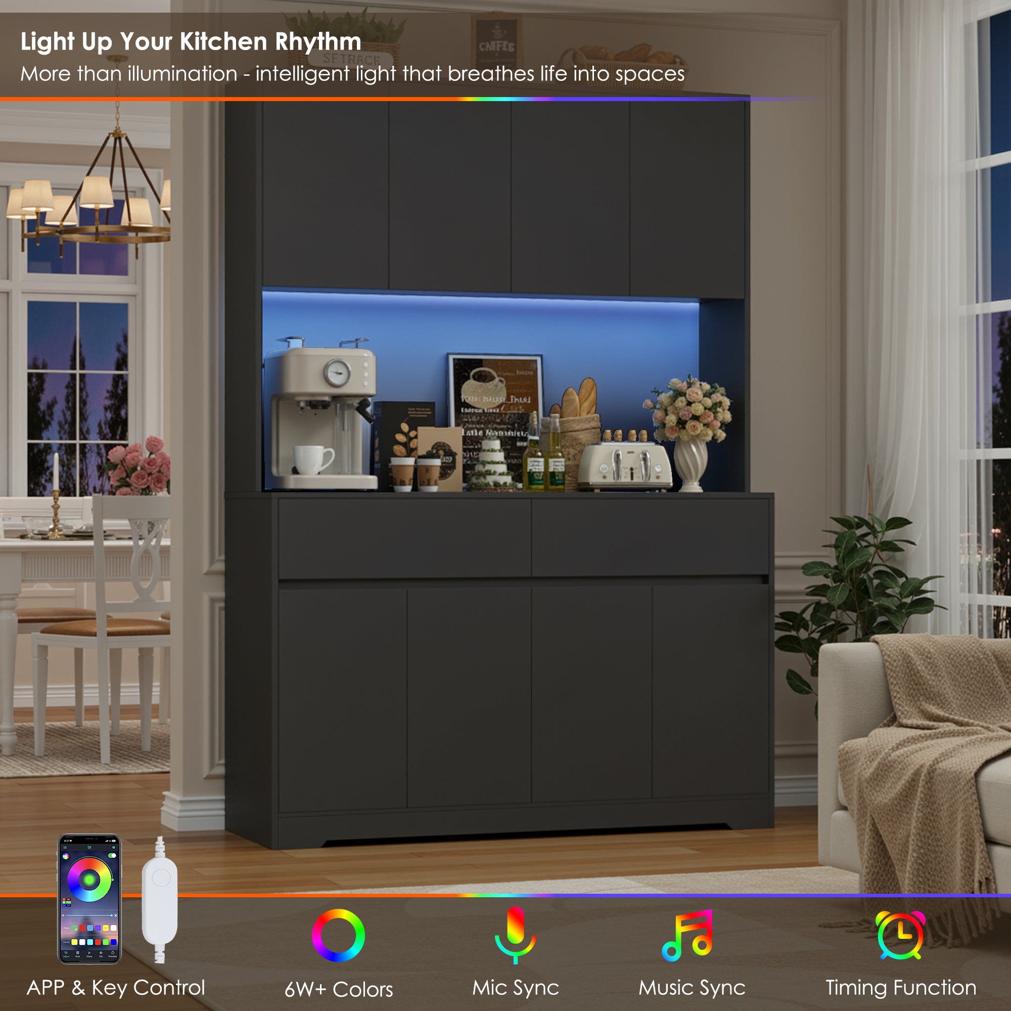 Hiphuta 71"Tall Modern Pantry Cabinet with Charge Station & Led Light, Freestanding Kitchen Hutch Cabinet for Dining Room, Black