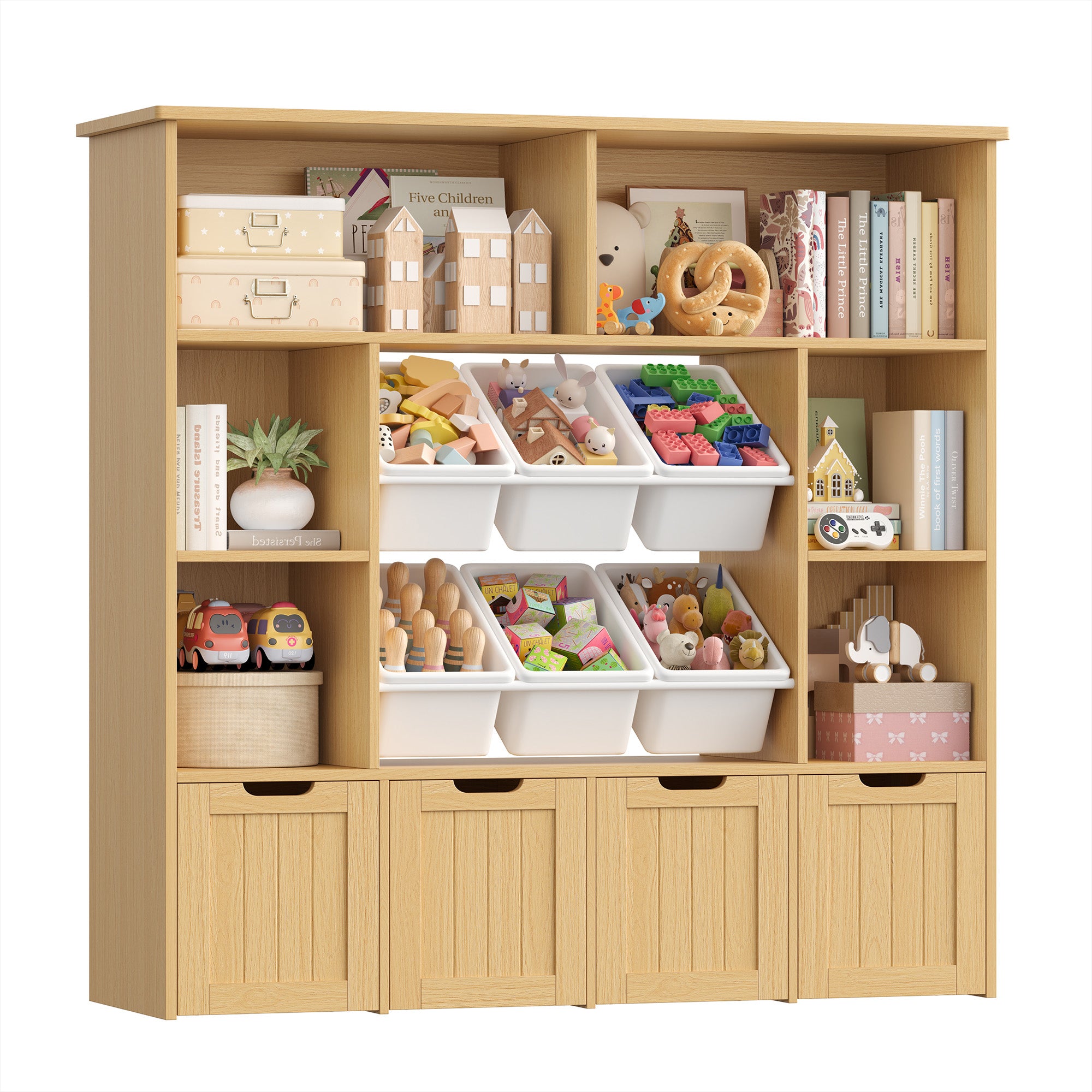 Hiphuta Large 4 Tier Kids Bookcase, Wood Toy Organizer of 6 Boxes & 4 Removable Drawers, Bookshelf for Kids Room Classroom, Natural