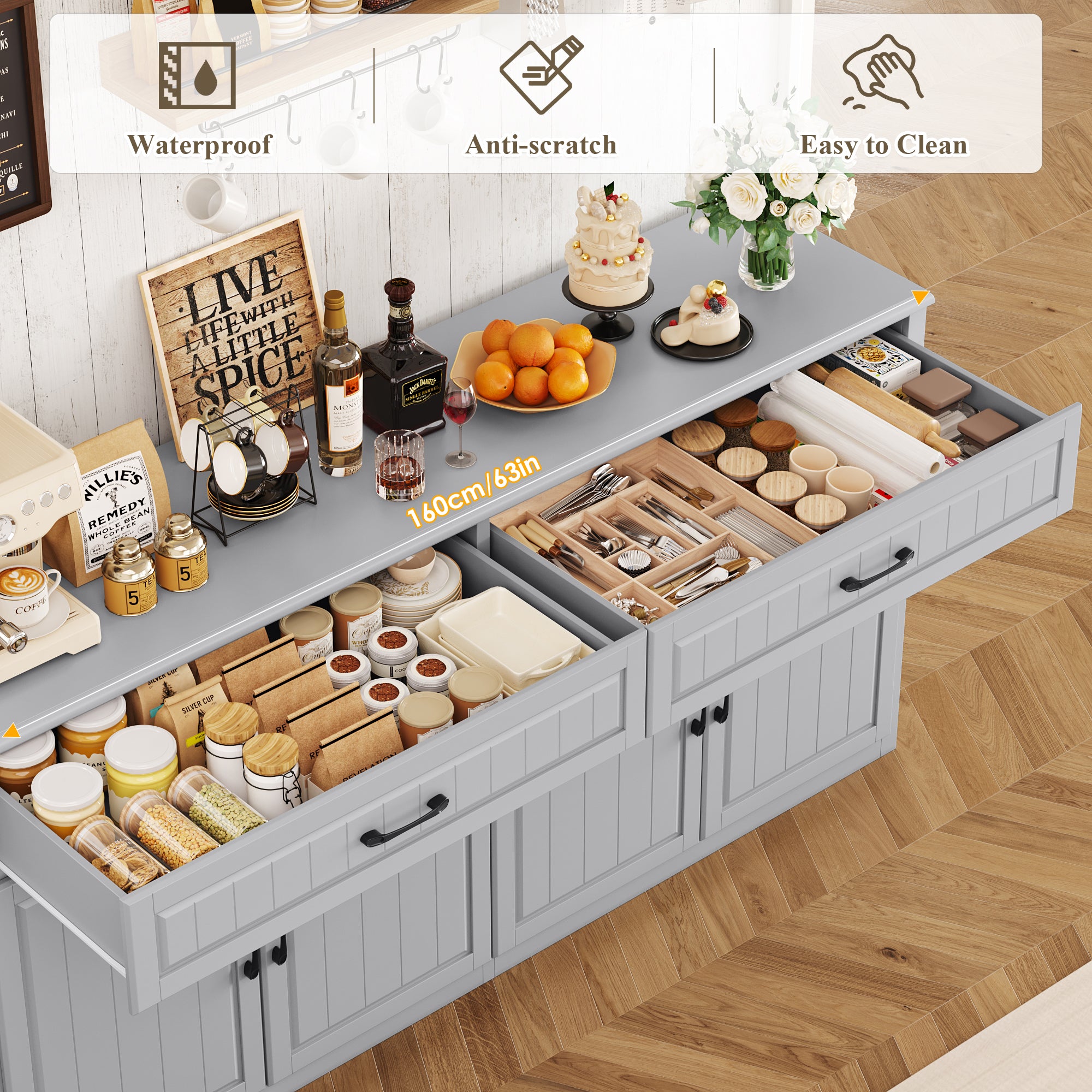 Hiphuta 63"Extended Wide Large Buffet Cabinet with 2 Drawers, Modern Coffee Bar Sideboard with Dusty-proof Base for Living Room and Entryway, Gray