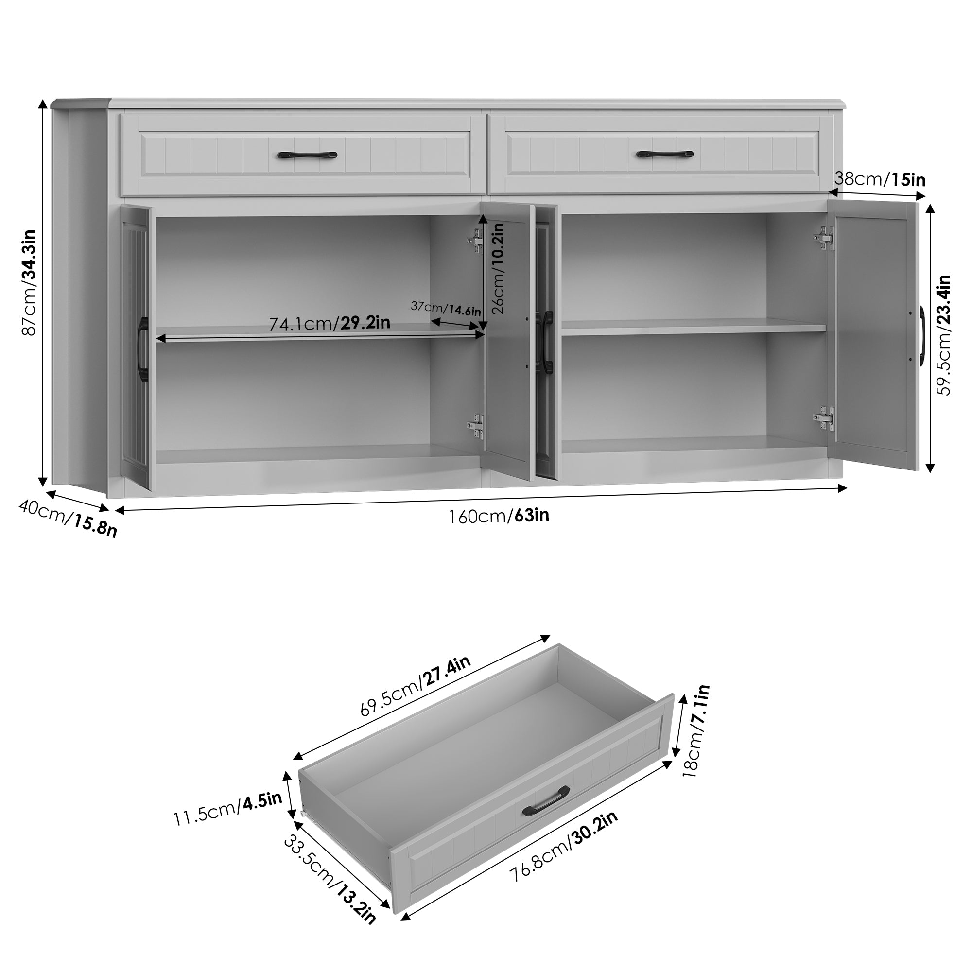 Hiphuta 63"Extended Wide Large Buffet Cabinet with 2 Drawers, Modern Coffee Bar Sideboard with Dusty-proof Base for Living Room and Entryway, Gray