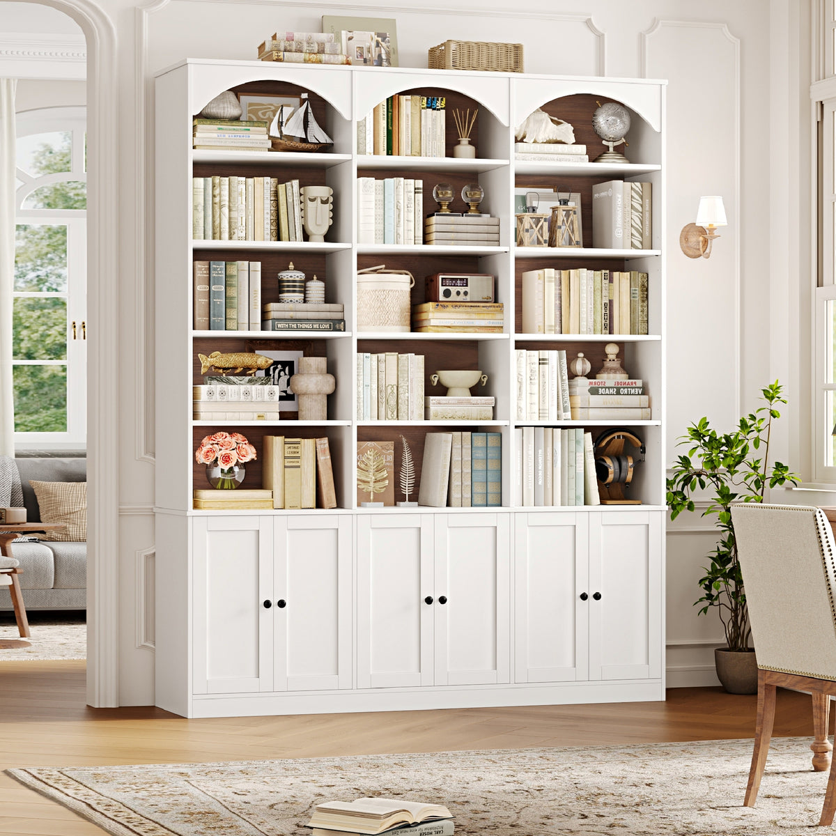 Hiphuta 78" Tall Triple Wide Bookcase with 6 Adjustable Shelves, Large Arched Book Shelf with 15 Cubes and 6 Doors, for Home Office Living Room, White & Walnut