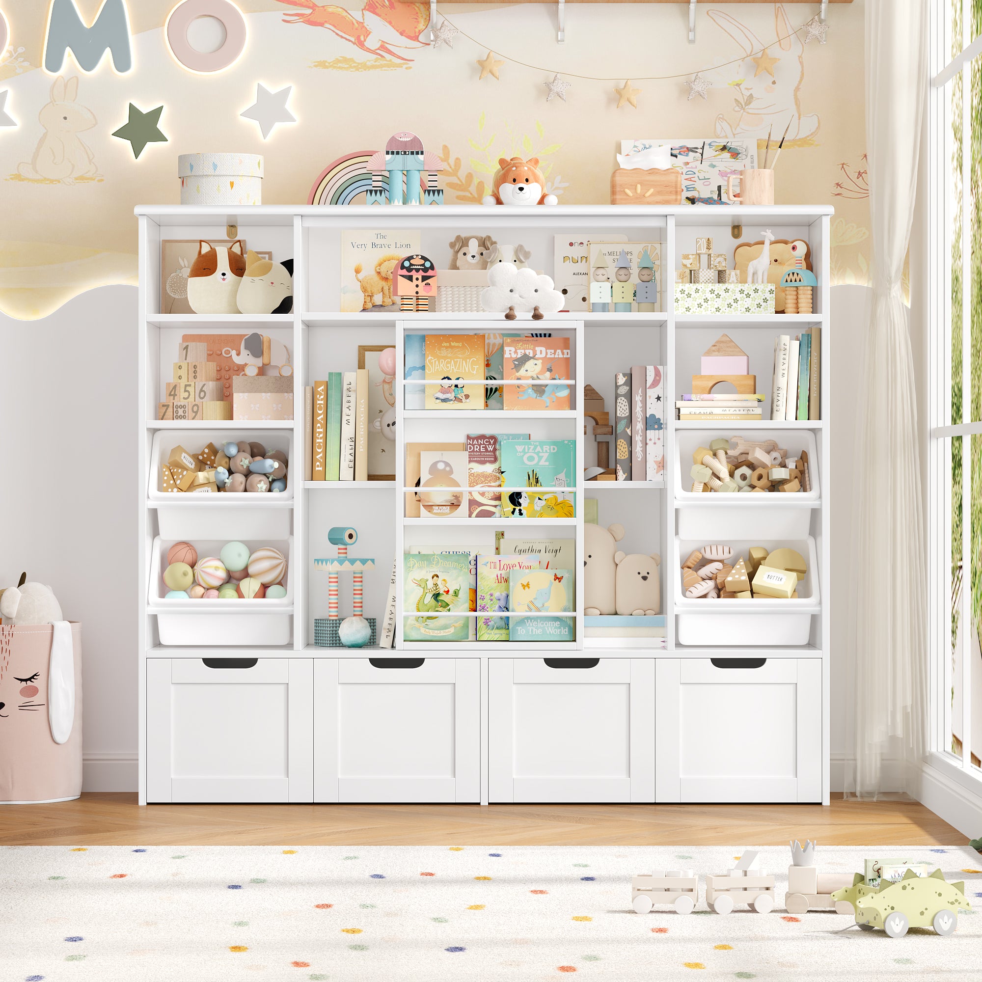 Hiphuta Kid Toy Storage with Bookshelf, Kid Toy Organizer with 4 Removable Drawers, Kid Bookcases with Toy Box for Kid Bedroom Playroom, White