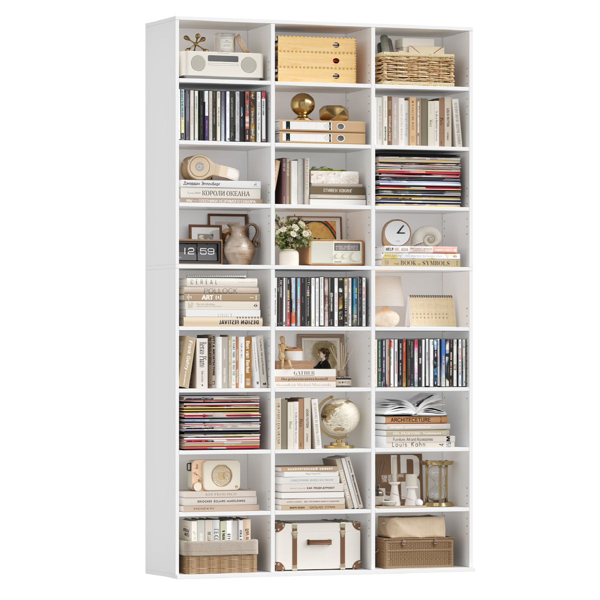 Hiphuta 27-Cube 9-Tier Bookcase, 75" Tall Triple-Wide CD Media Storage Organizer with 15 Adjustable Shelves, Large Cube Storage Organizer, White