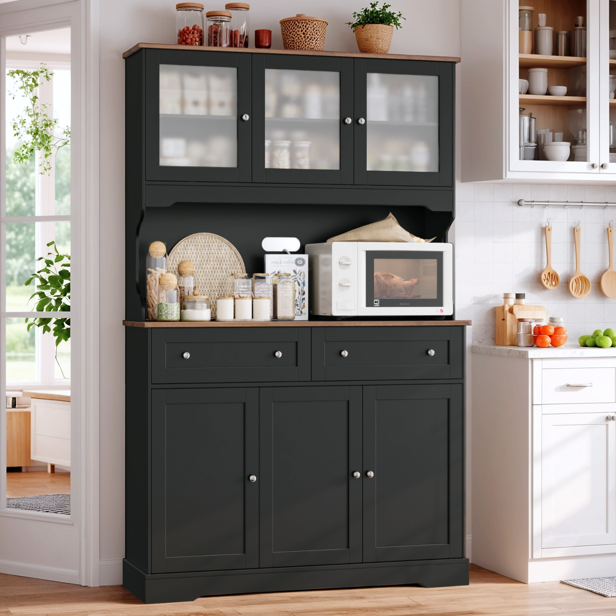 Hiphuta 72"Tall Kitchen Pantry Storage Cabinet with Power Outlet, Freestanding Cupboard Storage Buffet Hutch with Microwave Stand, Coffee Bar with Drawers & Glass Doors, Black & Oak