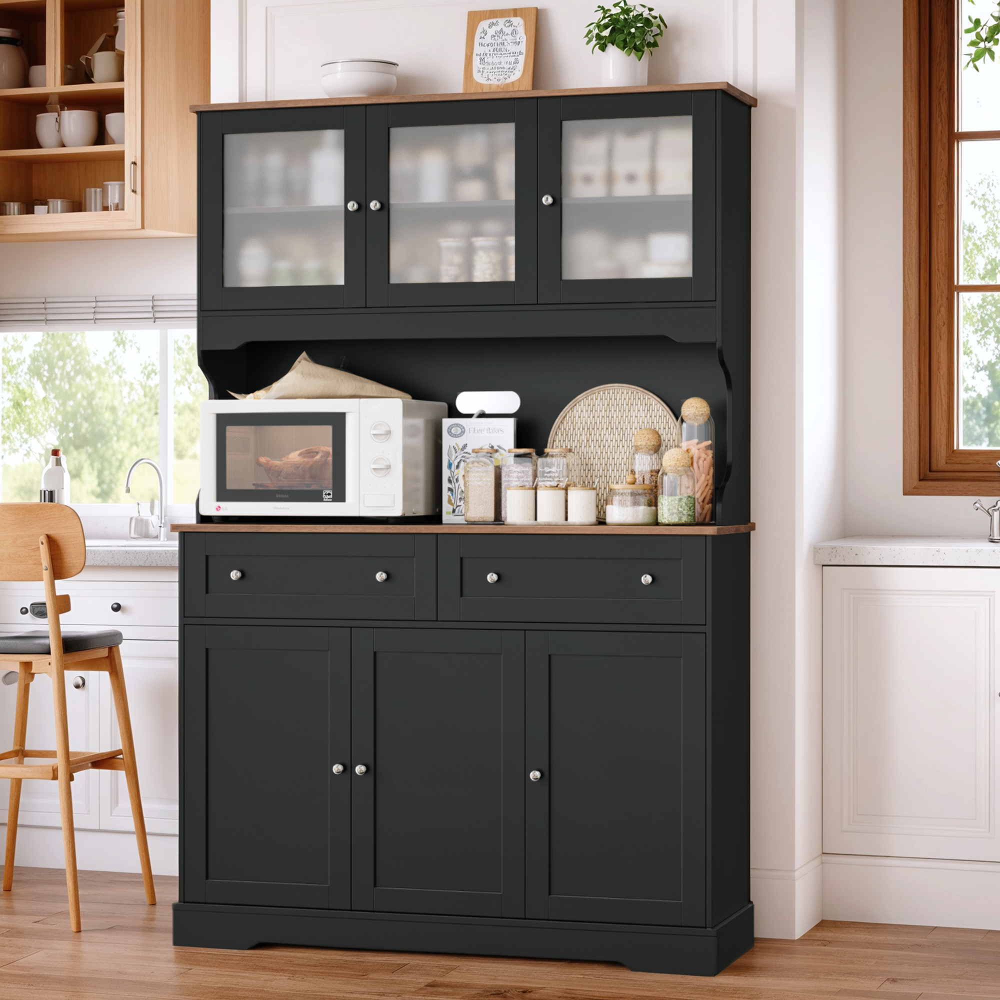 Hiphuta 72"Tall Kitchen Pantry Storage Cabinet with Power Outlet, Freestanding Cupboard Storage Buffet Hutch with Microwave Stand, Coffee Bar with Drawers & Glass Doors, Black & Oak