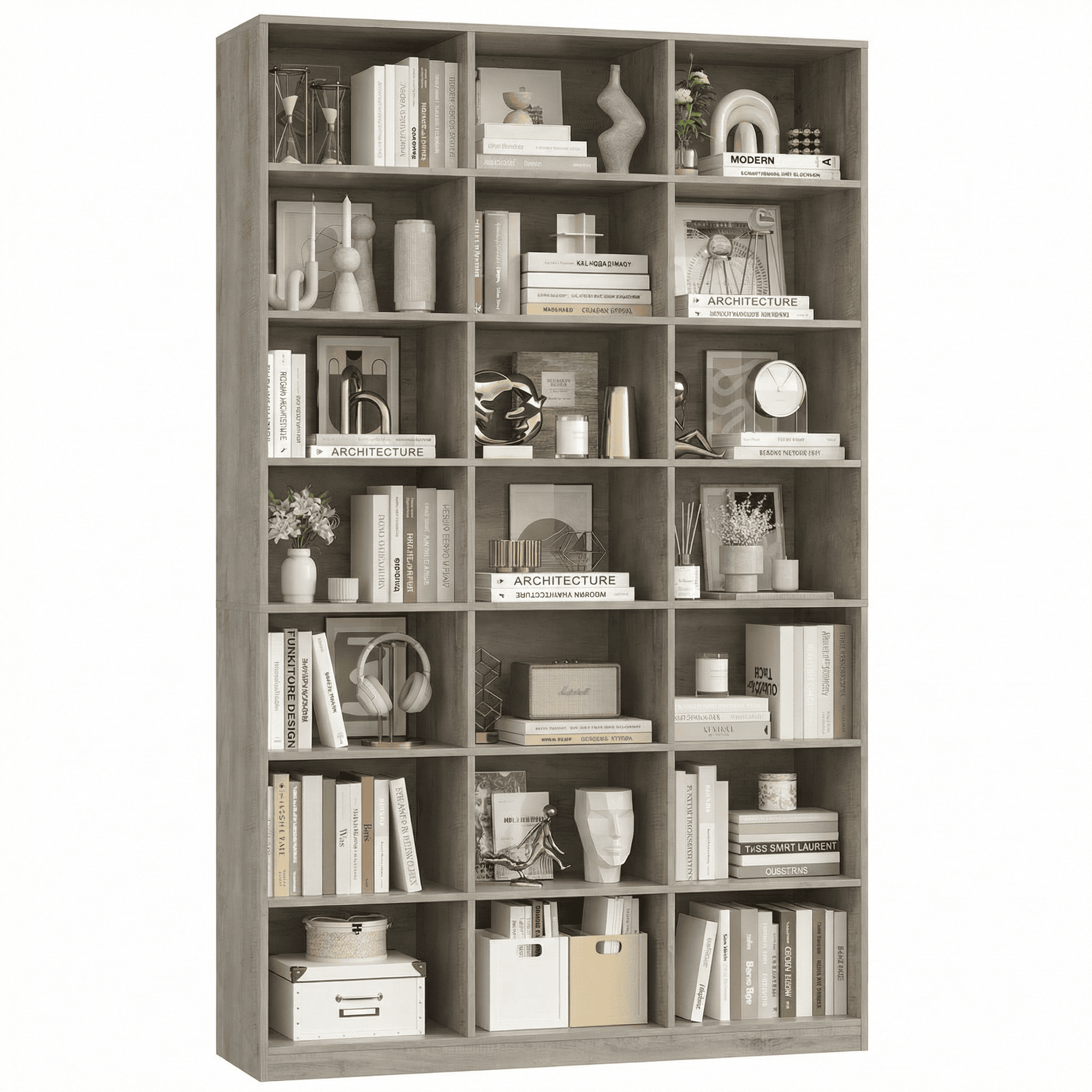 Hiphuta 86"H x 47"W Wood Triple 7-Tier Standard Bookcase, Tall Bookcase for Bedroom, Living Room and Office, Freestanding 21 Cubes Display Storage Shelves, Ash Gray