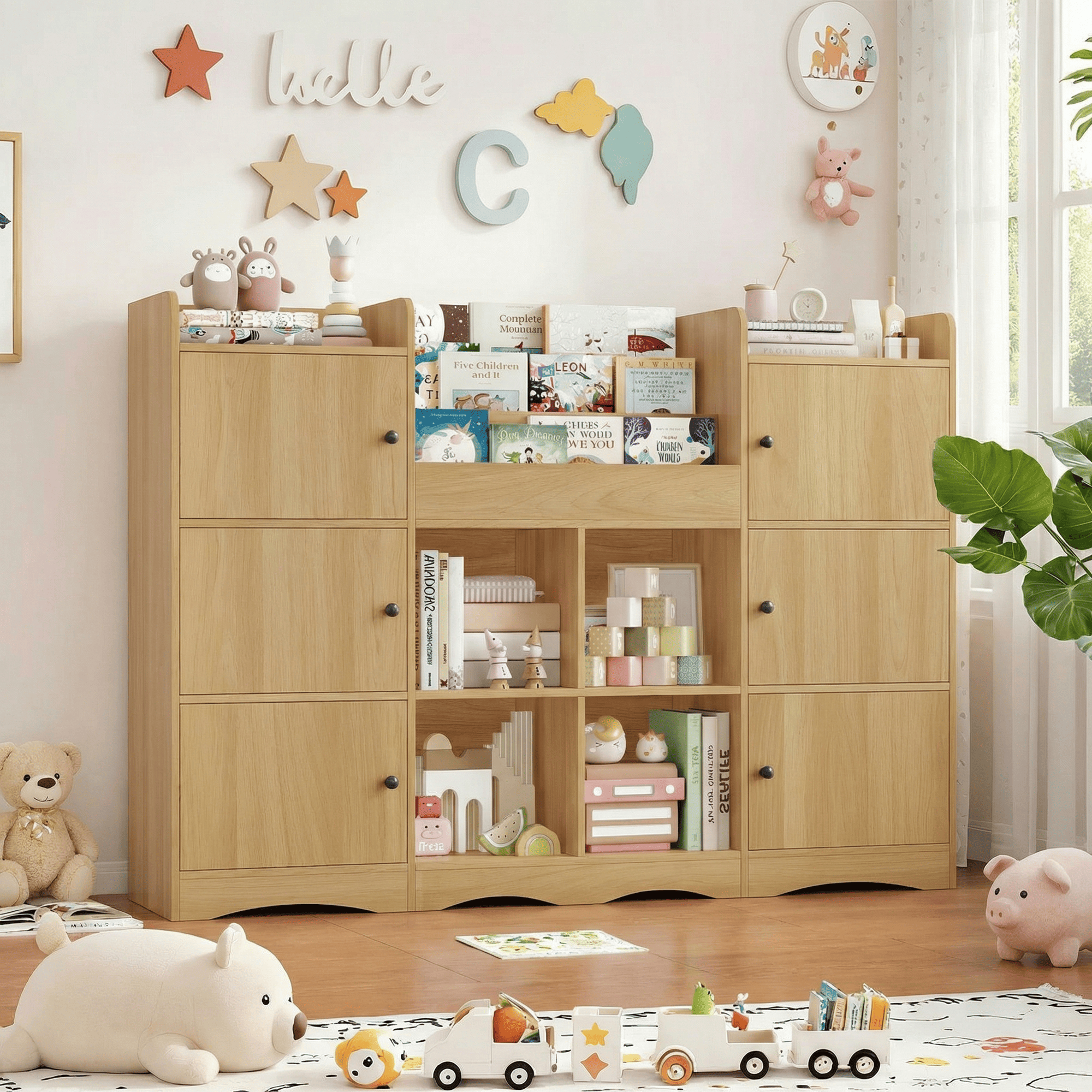 Hiphuta 55"In Kids Bookcase with Toy Storage Organizer, Wood Cube Bookcase Toy Chest of 8 Compartments & 6 Movable Bins, Bookshelf for Kids Bedroom, Natural