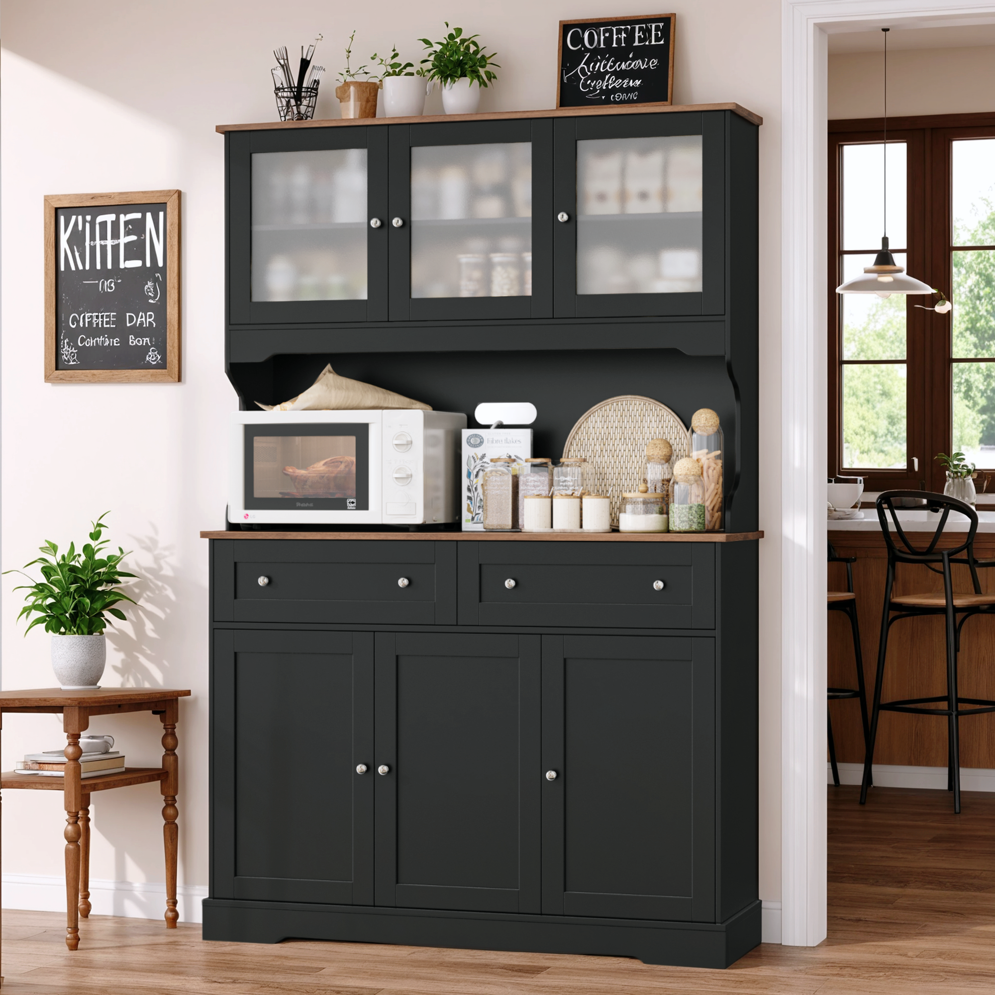 Hiphuta 72"Tall Kitchen Pantry Storage Cabinet with Power Outlet, Freestanding Cupboard Storage Buffet Hutch with Microwave Stand, Coffee Bar with Drawers & Glass Doors, Black & Oak