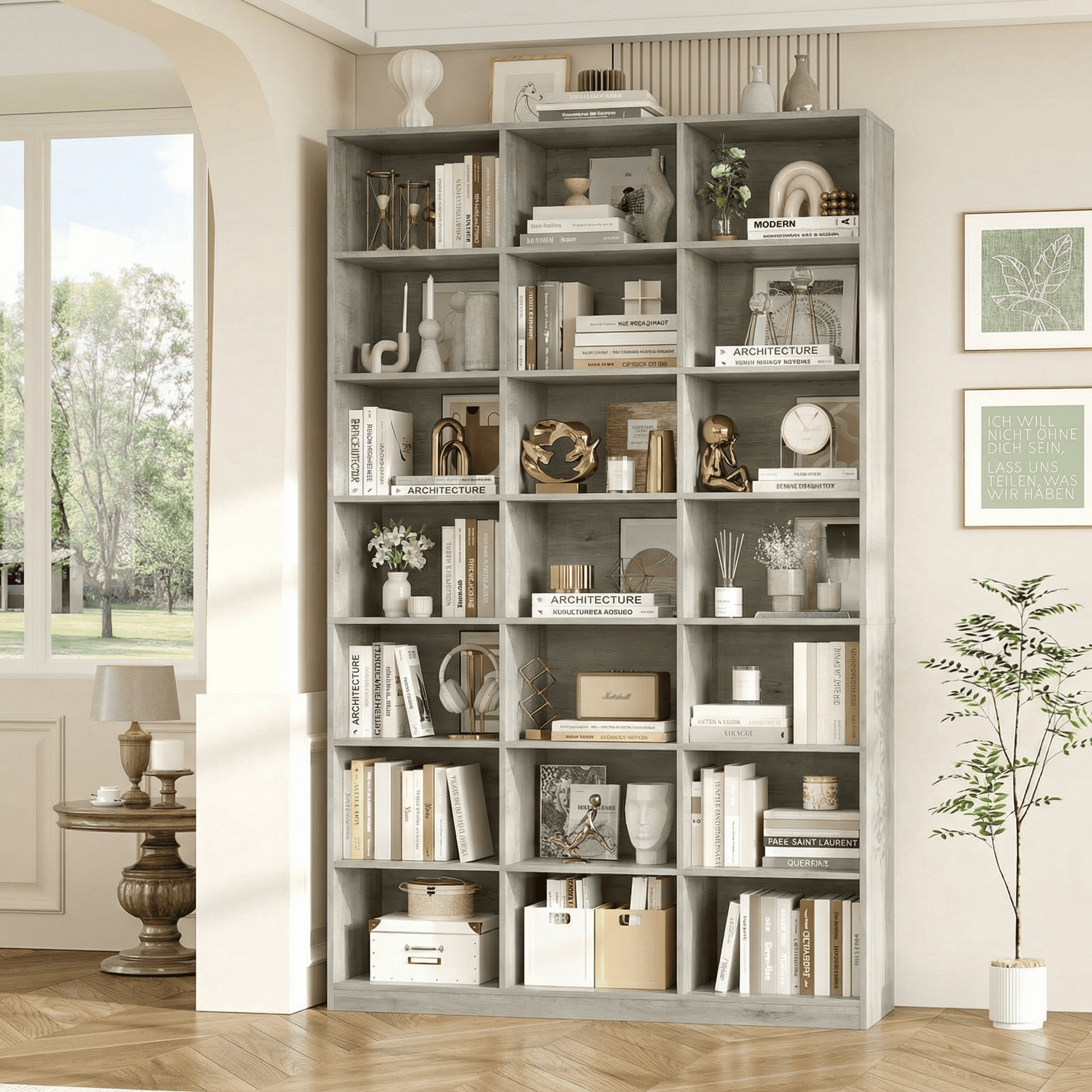 Hiphuta 86"H x 47"W Wood Triple 7-Tier Standard Bookcase, Tall Bookcase for Bedroom, Living Room and Office, Freestanding 21 Cubes Display Storage Shelves, Ash Gray