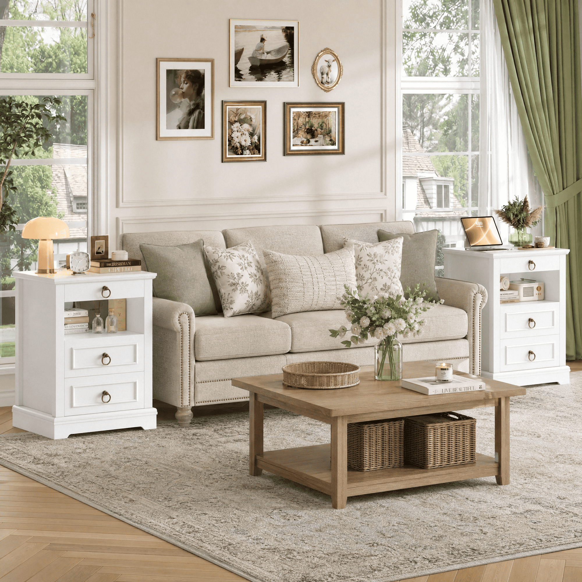 Hiphuta Wide Farmhouse Nightstand Set of 2 with Charging Station, Wood Night Stands End Table with 3 Drawer, LED Bedside Table for Bedroom Living Room, White