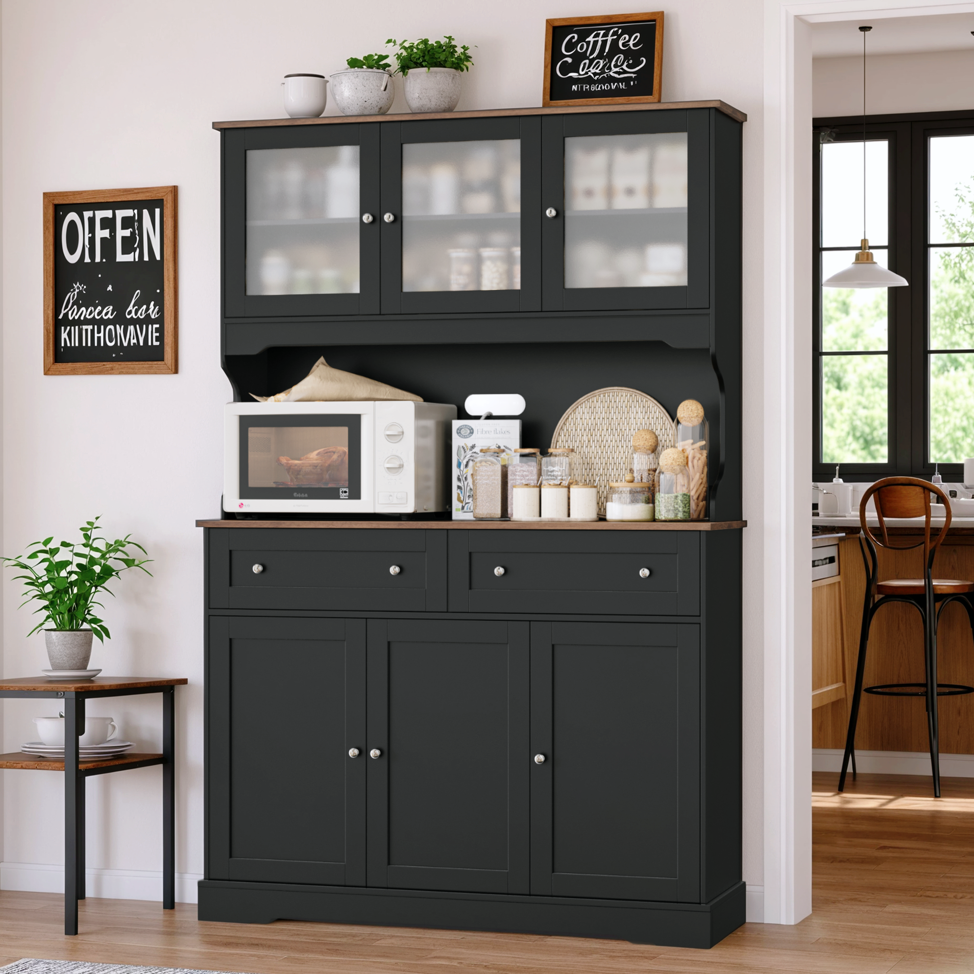 Hiphuta 72"Tall Kitchen Pantry Storage Cabinet with Power Outlet, Freestanding Cupboard Storage Buffet Hutch with Microwave Stand, Coffee Bar with Drawers & Glass Doors, Black & Oak