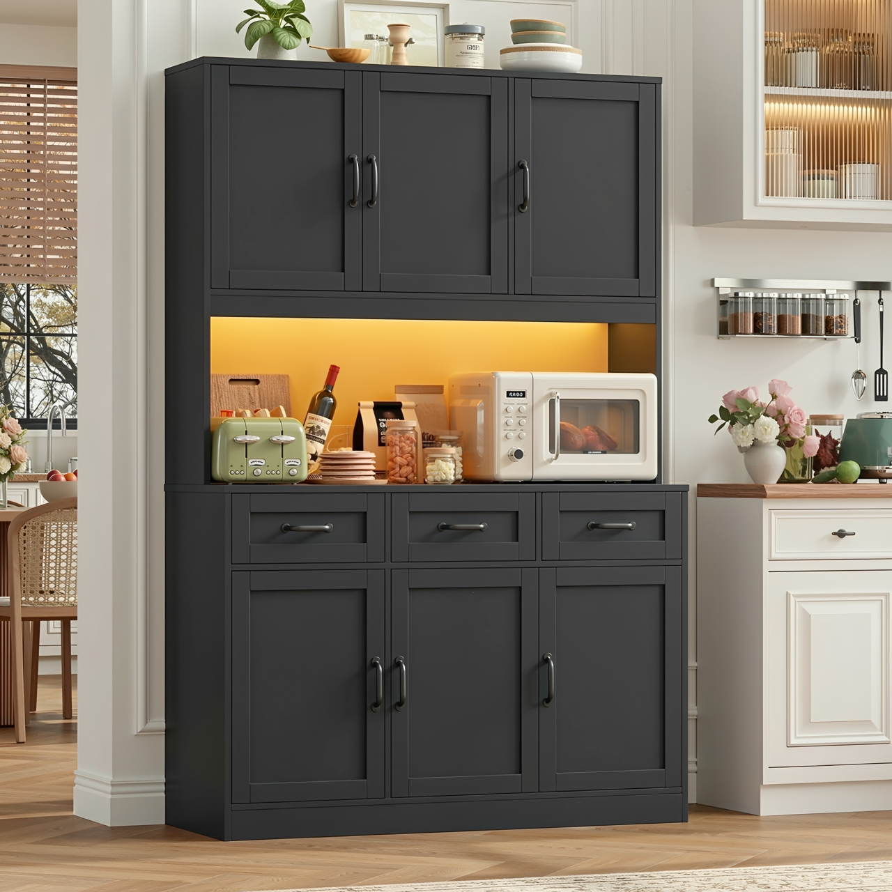 Hiphuta Kitchen Pantry Cabinet with LED Light, Kitchen Storage Cabinet with 3 Drawers and Adjustable Shelves, Kitchen Hutch for Kitchen Dining Room, Black