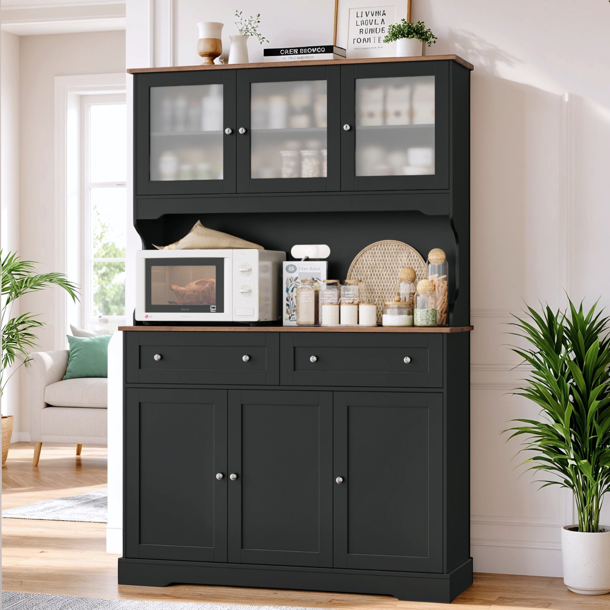 Hiphuta 72"Tall Kitchen Pantry Storage Cabinet with Power Outlet, Freestanding Cupboard Storage Buffet Hutch with Microwave Stand, Coffee Bar with Drawers & Glass Doors, Black & Oak