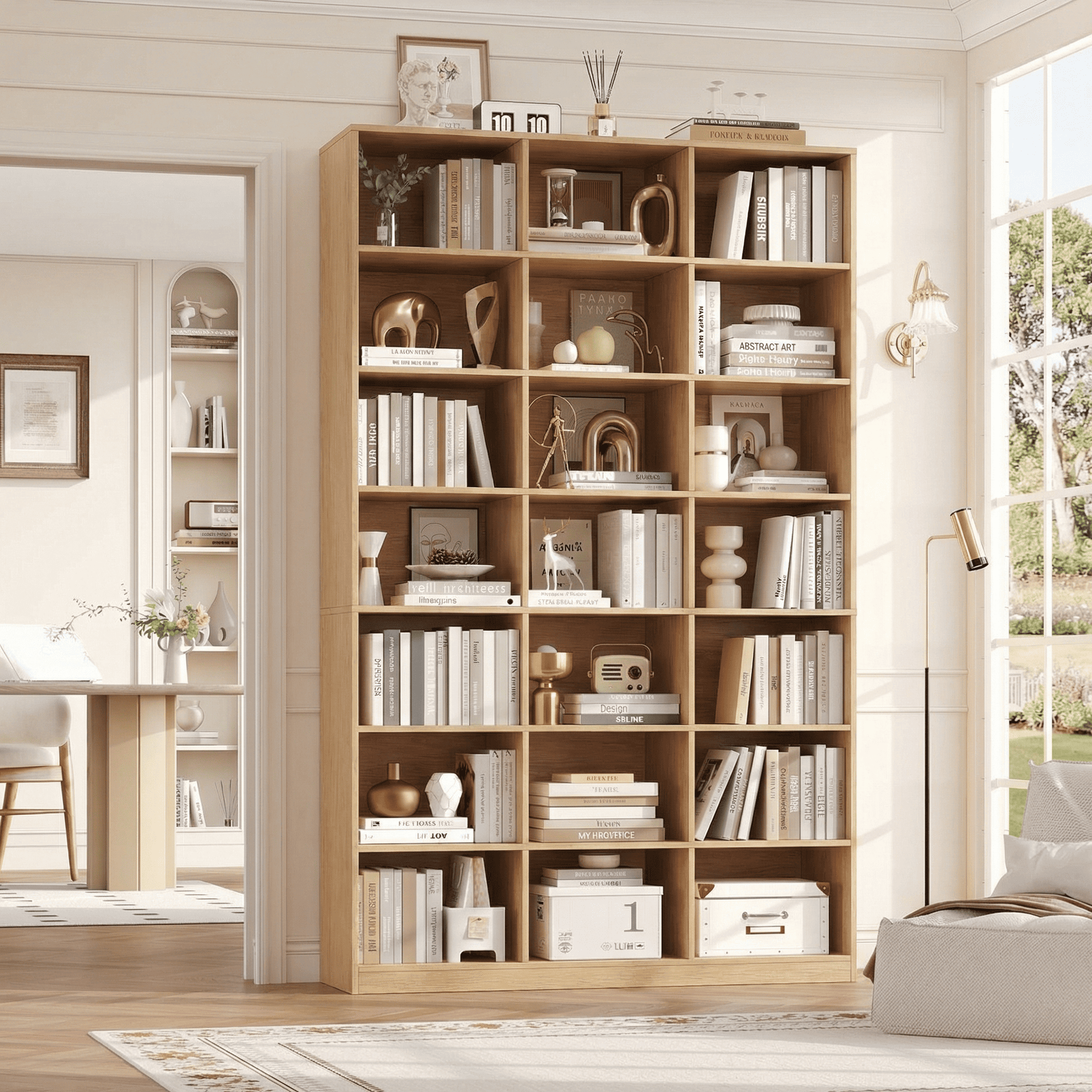 Hiphuta 86"H x 47"W Wood Triple 7-Tier Standard Bookcase, Tall Bookcase for Bedroom, Living Room and Office, Freestanding 21 Cubes Display Storage Shelves, Natural