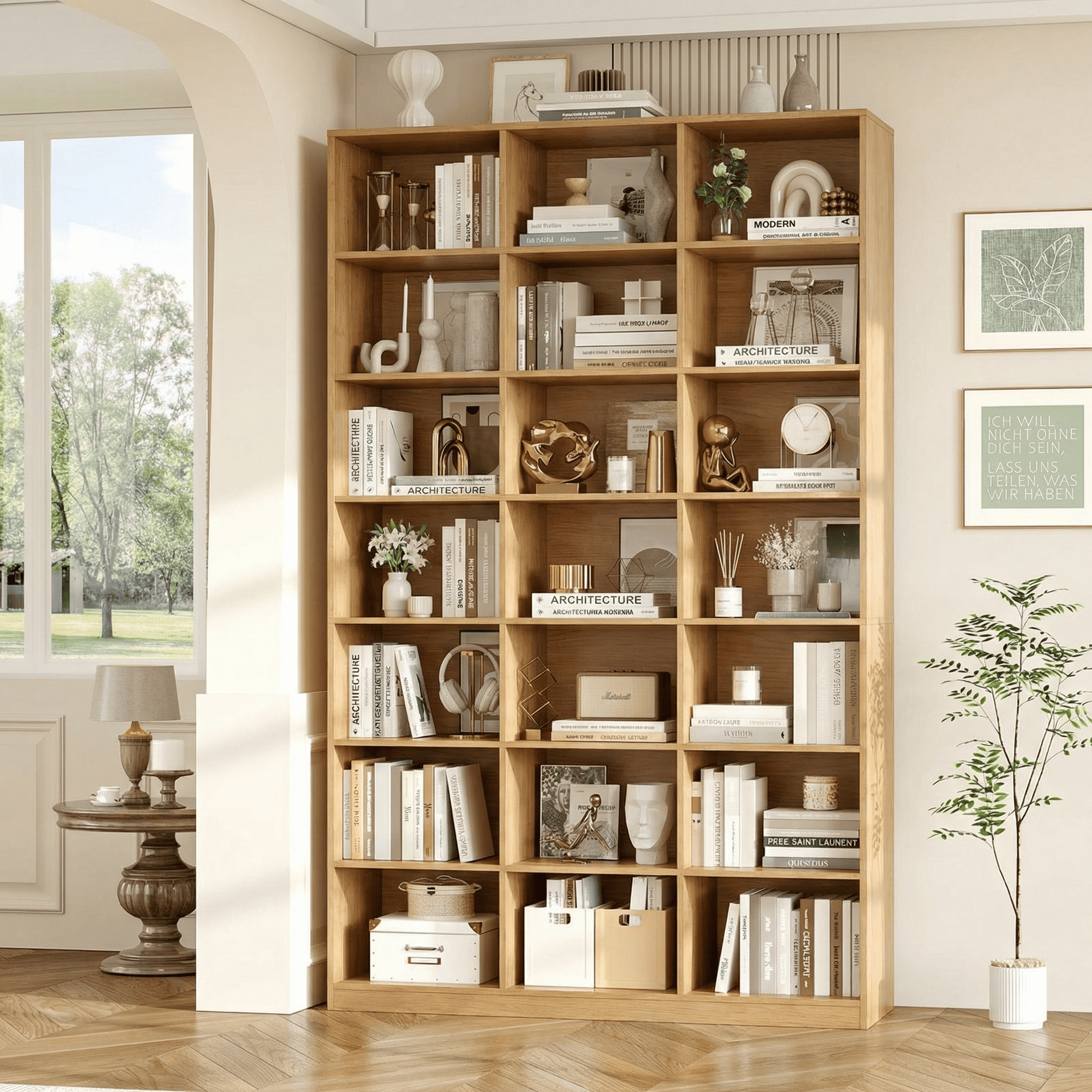 Hiphuta 86"H x 47"W Wood Triple 7-Tier Standard Bookcase, Tall Bookcase for Bedroom, Living Room and Office, Freestanding 21 Cubes Display Storage Shelves, Natural