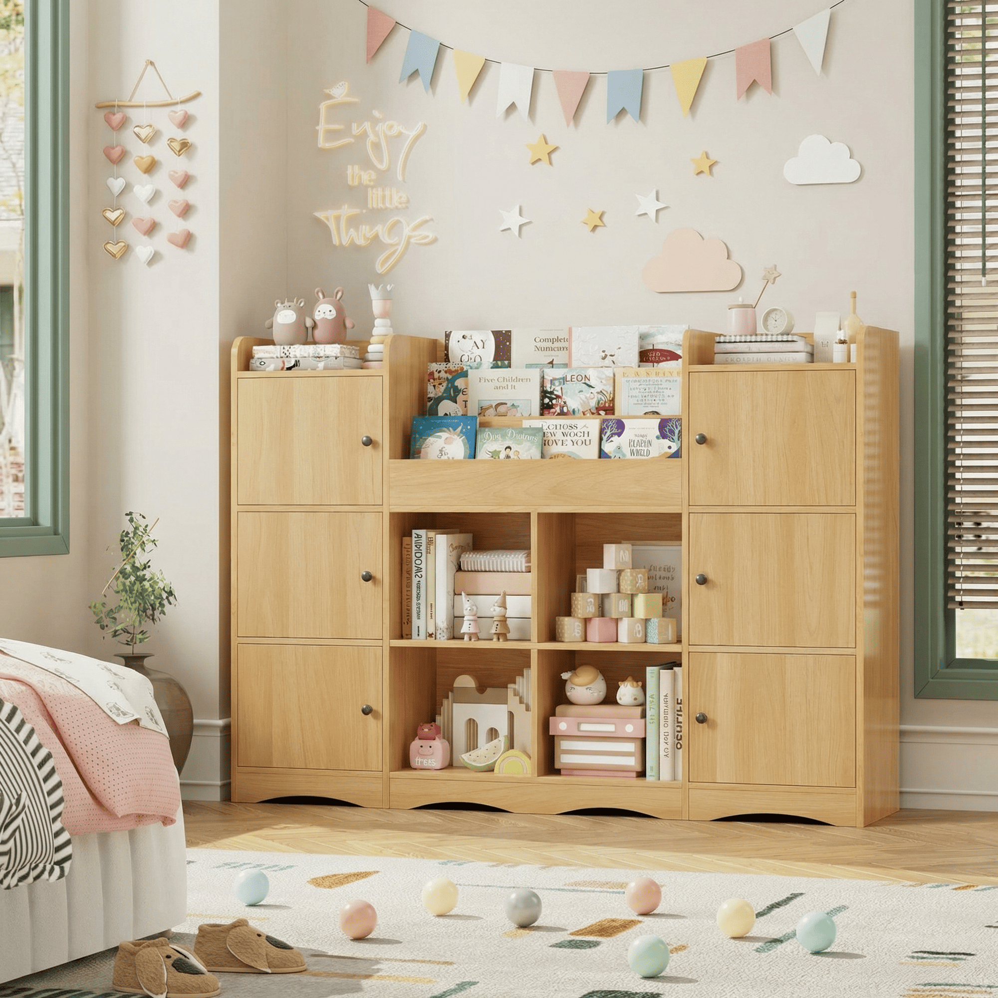 Hiphuta 55"In Kids Bookcase with Toy Storage Organizer, Wood Cube Bookcase Toy Chest of 8 Compartments & 6 Movable Bins, Bookshelf for Kids Bedroom, Natural