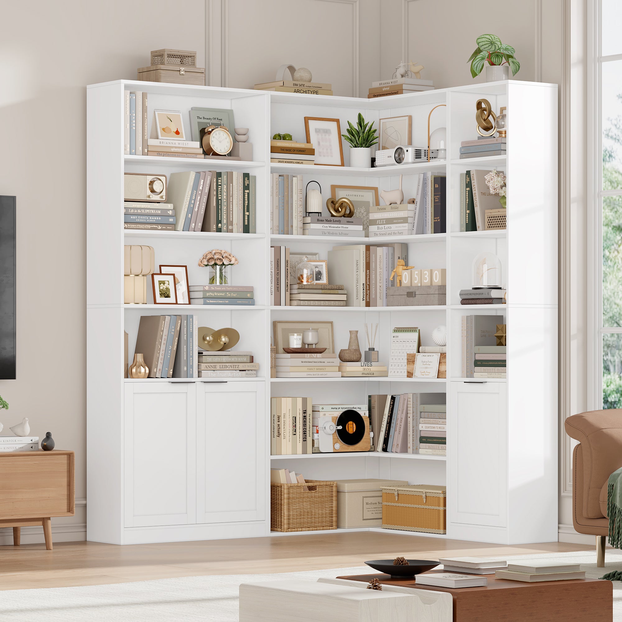 Hiphuta 74" Tall Corner Bookcase, Modern 6-Tier Corner Wooden Bookshelf, Minimalist L-Shaped Bookcase for Office Living Room, White