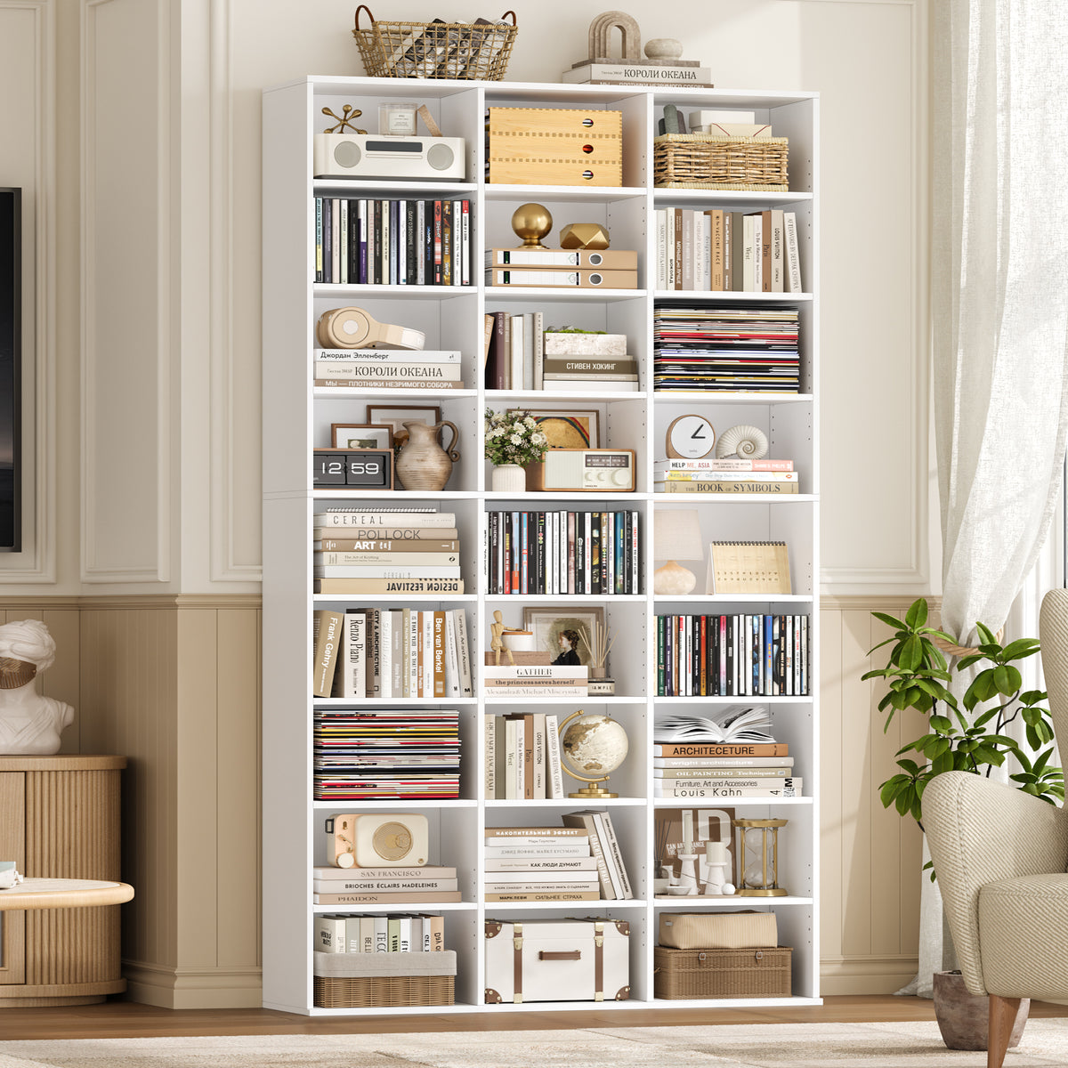 Hiphuta 27-Cube 9-Tier Bookcase, 75" Tall Triple-Wide CD Media Storage Organizer with 15 Adjustable Shelves, Large Cube Storage Organizer, White
