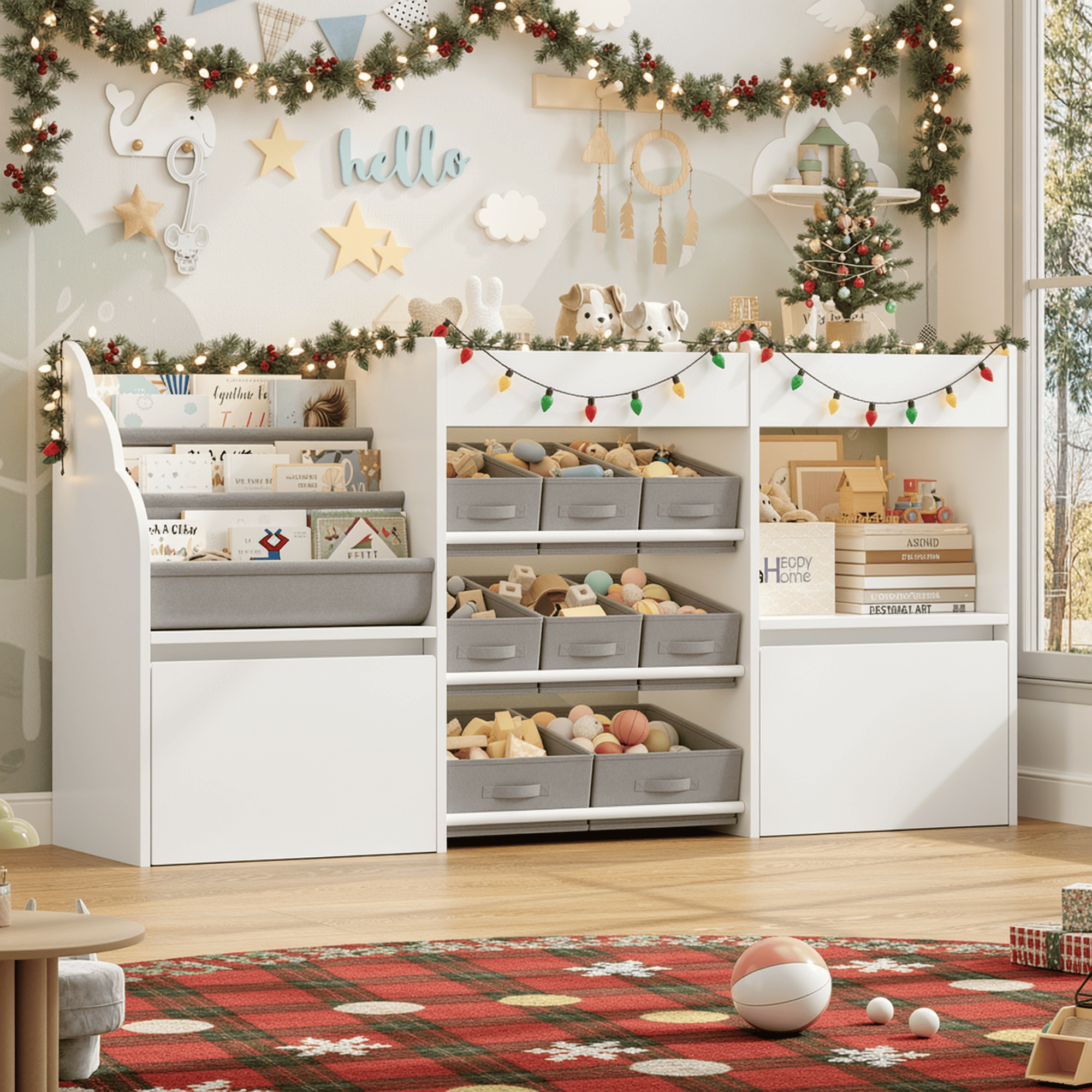 Hiphuta 62” Wide Kids Bookcase with Toy Storage Organizer, Wood Toy Organizer of 8 Fabric Boxes & 2 Removable Drawers, White