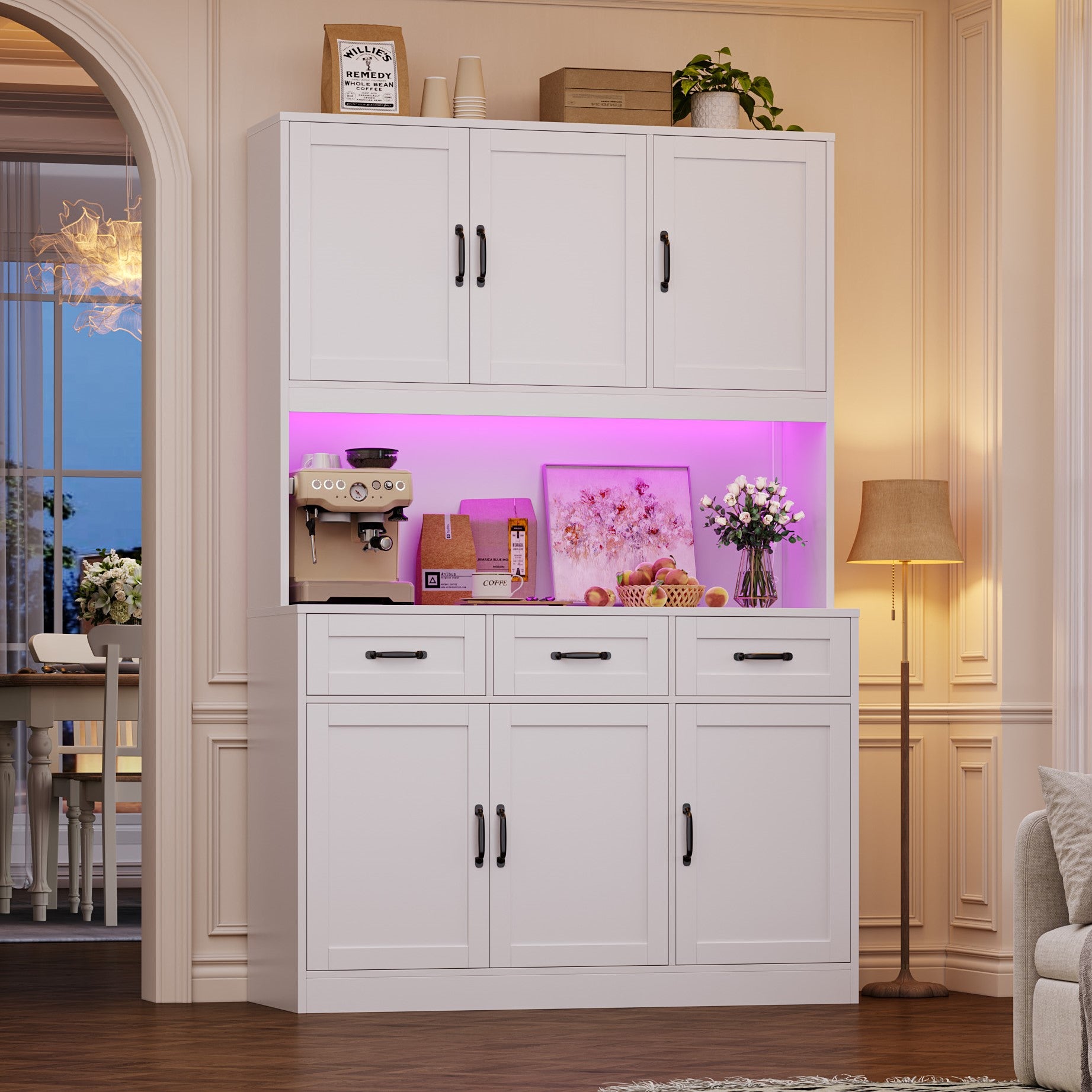 Hiphuta 72" Tall Kitchen Pantry Storgae Cabinet with RGB LED, Hutch Cabinet with Charging Station and Adjustable Shelves for Dining Room, White