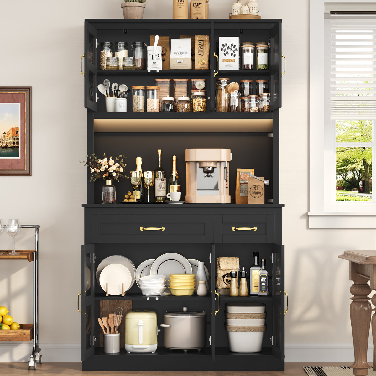 Hiphuta 71" Pantry Cabinet with Charging Station, Kitchen Pantry Storage Cabinet with Microwave Stand & Wine Rack, Food Pantry Cabinet with Countertop for Dining Room, Black