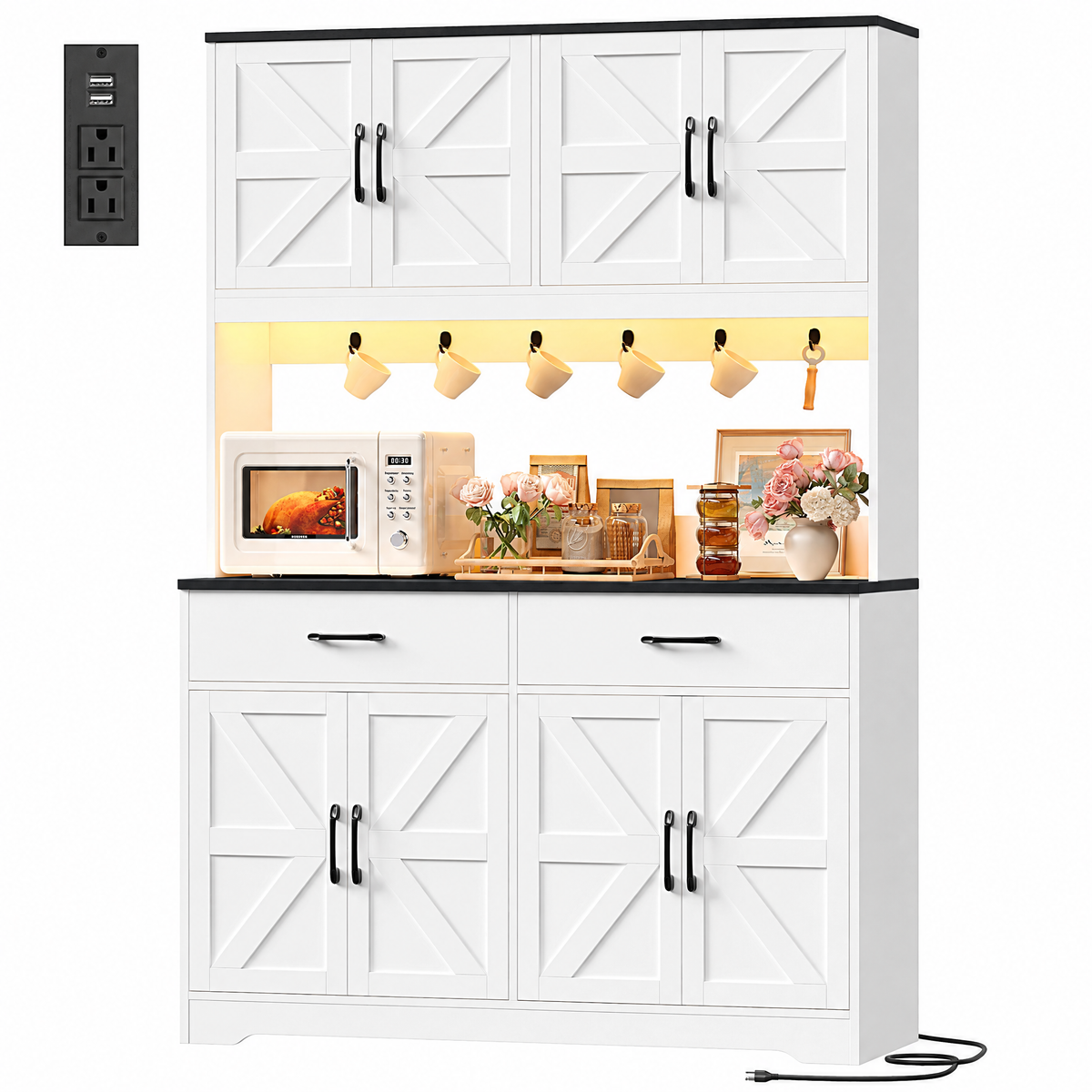 Hiphuta 71" Tall Kitchen Pantry Storage Cabinet with RGB LED and 6 Metal Hooks, Farmhouse Coffee Bar Cabinet with Charging Station, Buffet with Hutch and Microwave Stand, Black & White