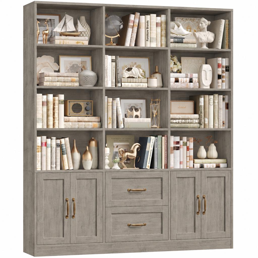 Hiphuta 71" Tall Triple Row 4-Tier Bookcase with 12 Open Cubes, 59" Wide Extra Large Display Bookshelf with 4 Doors and 2 Drawers, for Office Living Room, Gray