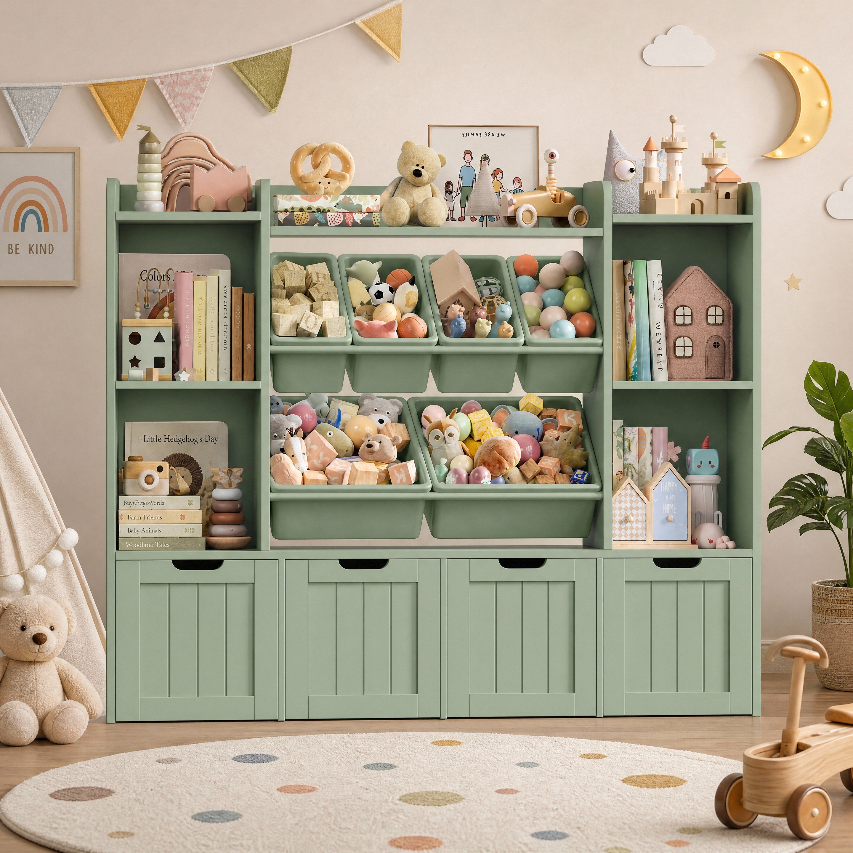 Hiphuta 3-tier 55"in Large Kids Bookcase with Toy Storage Organizer, Wood Toy Organizer of 6 Boxes & 4 Removable Drawers, Green