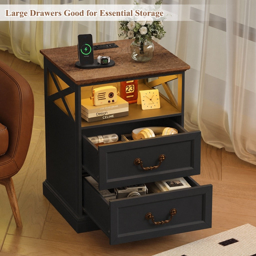 Hiphuta Farmhouse Set of 2 Nightstands with Charge Station, Wood End Table with 3 Drawers for Adult Bedroom, LEDS Bedside Table for Living Room, Black