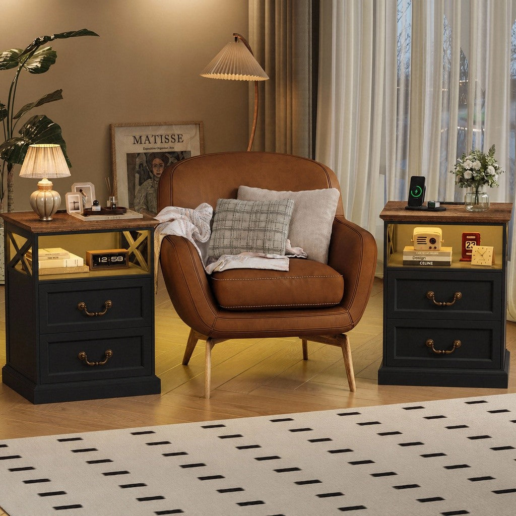 Hiphuta Farmhouse Set of 2 Nightstands with Charge Station, Wood End Table with 3 Drawers for Adult Bedroom, LEDS Bedside Table for Living Room, Black