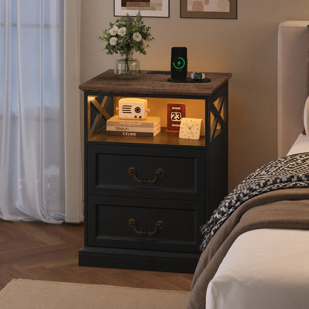 Hiphuta Farmhouse Set of 2 Nightstands with Charge Station, Wood End Table with 3 Drawers for Adult Bedroom, LEDS Bedside Table for Living Room, Black