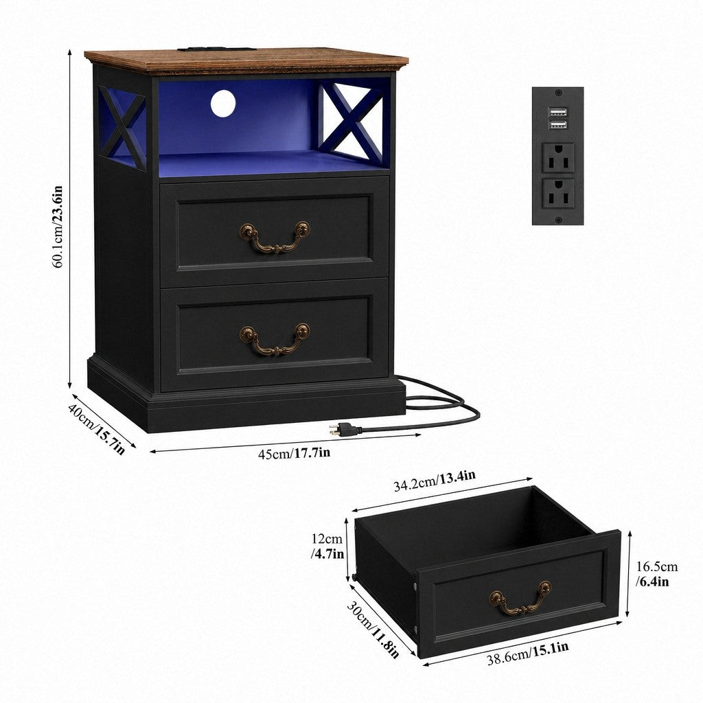 Hiphuta Farmhouse Set of 2 Nightstands with Charge Station, Wood End Table with 3 Drawers for Adult Bedroom, LEDS Bedside Table for Living Room, Black