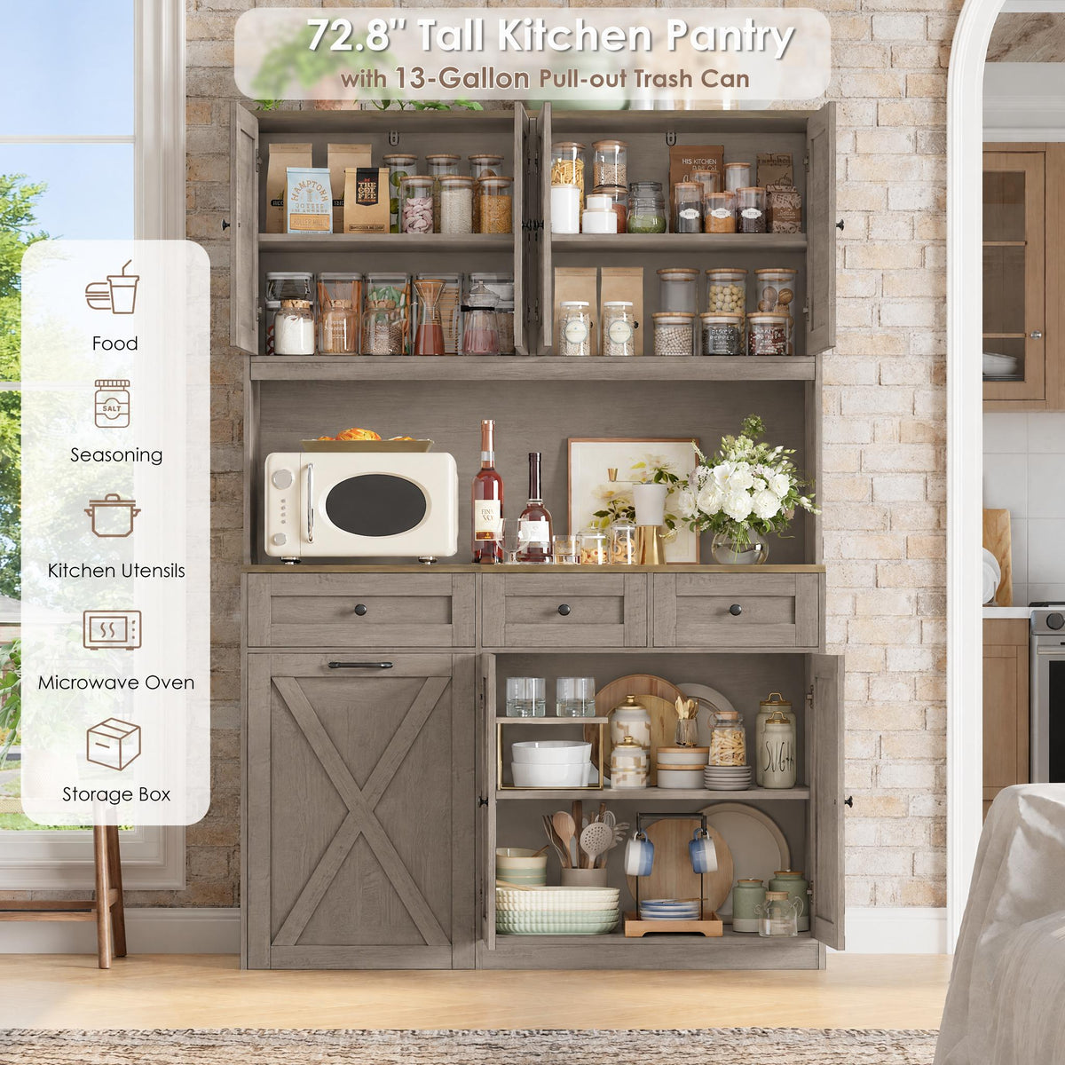 Hiphuta 73” Tall Kitchen Pantry Cabinet Fits 13 Gallon Trash Can Cabinet, Farmhouse Kitchen Storage Hutch with Pull Out Trash Can Storage for Dining Room Living Room, Ash Gray