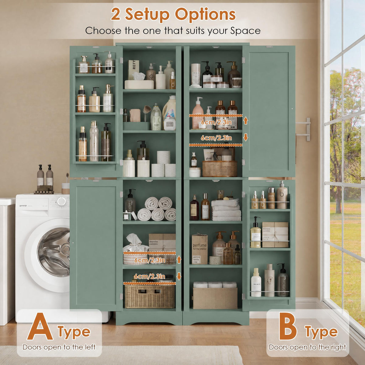 Hiphuta 71" Tall Narrow Bathroom Storage Cabinet, Slim Bathroom Storage Tower with Adjustable Shelves & Door Shelves, Narrow Cabinet with Doors for Small Spaces, Green