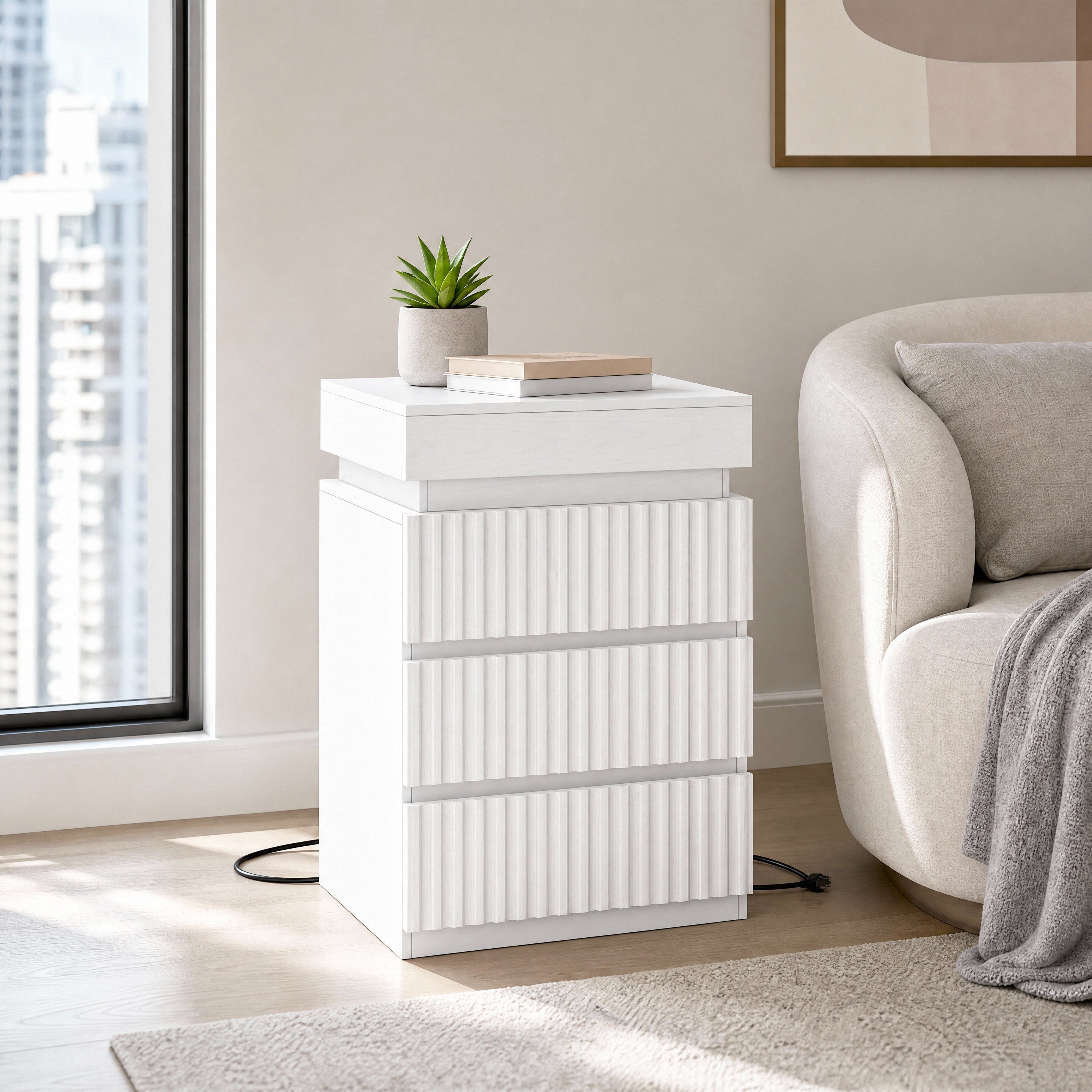 Hiphuta Set of 2 Nightstands with Charging Station, Wood End Table with 3 Drawers for Adult Bedroom Living Room, White