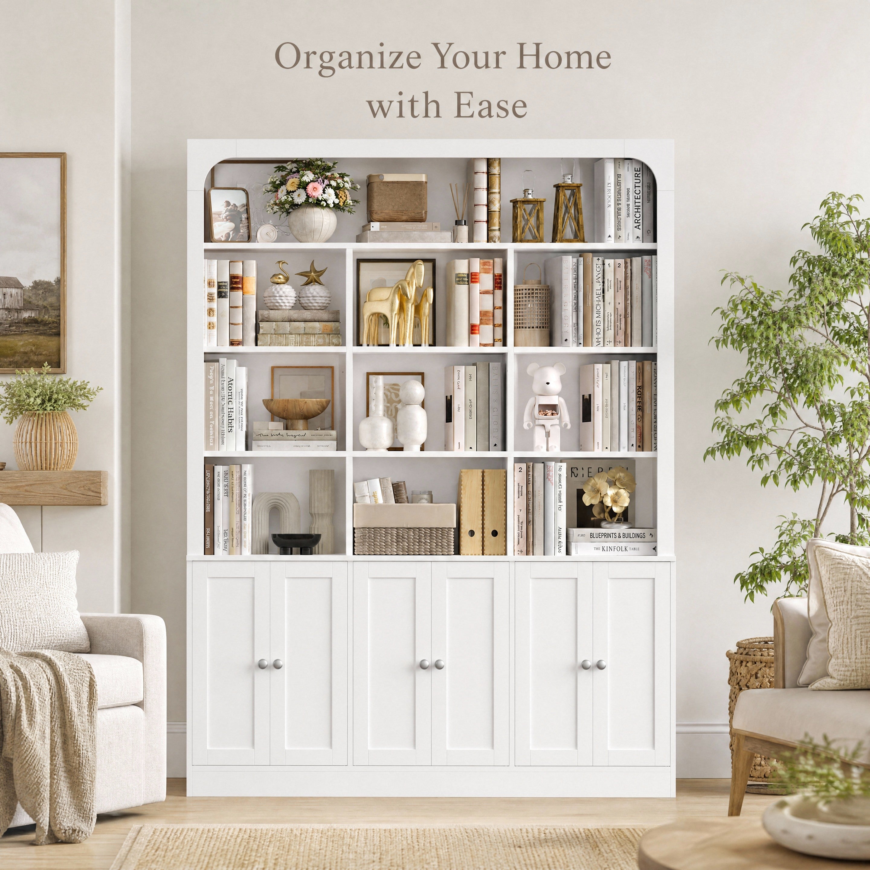 Hiphuta 71" Tall 4-Tier Bookcase with 10 Open Cubes, 56" Wide Extra Large Display Bookshelf with 4 Doors, for Living Room Home Office, White