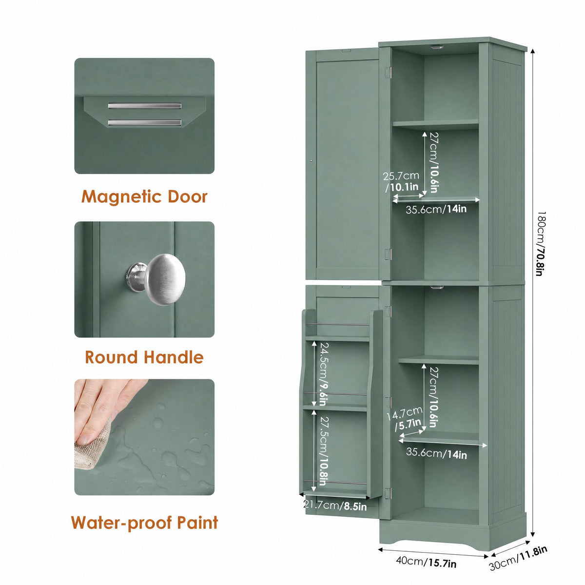 Hiphuta 71" Tall Narrow Bathroom Storage Cabinet, Slim Bathroom Storage Tower with Adjustable Shelves & Door Shelves, Narrow Cabinet with Doors for Small Spaces, Green