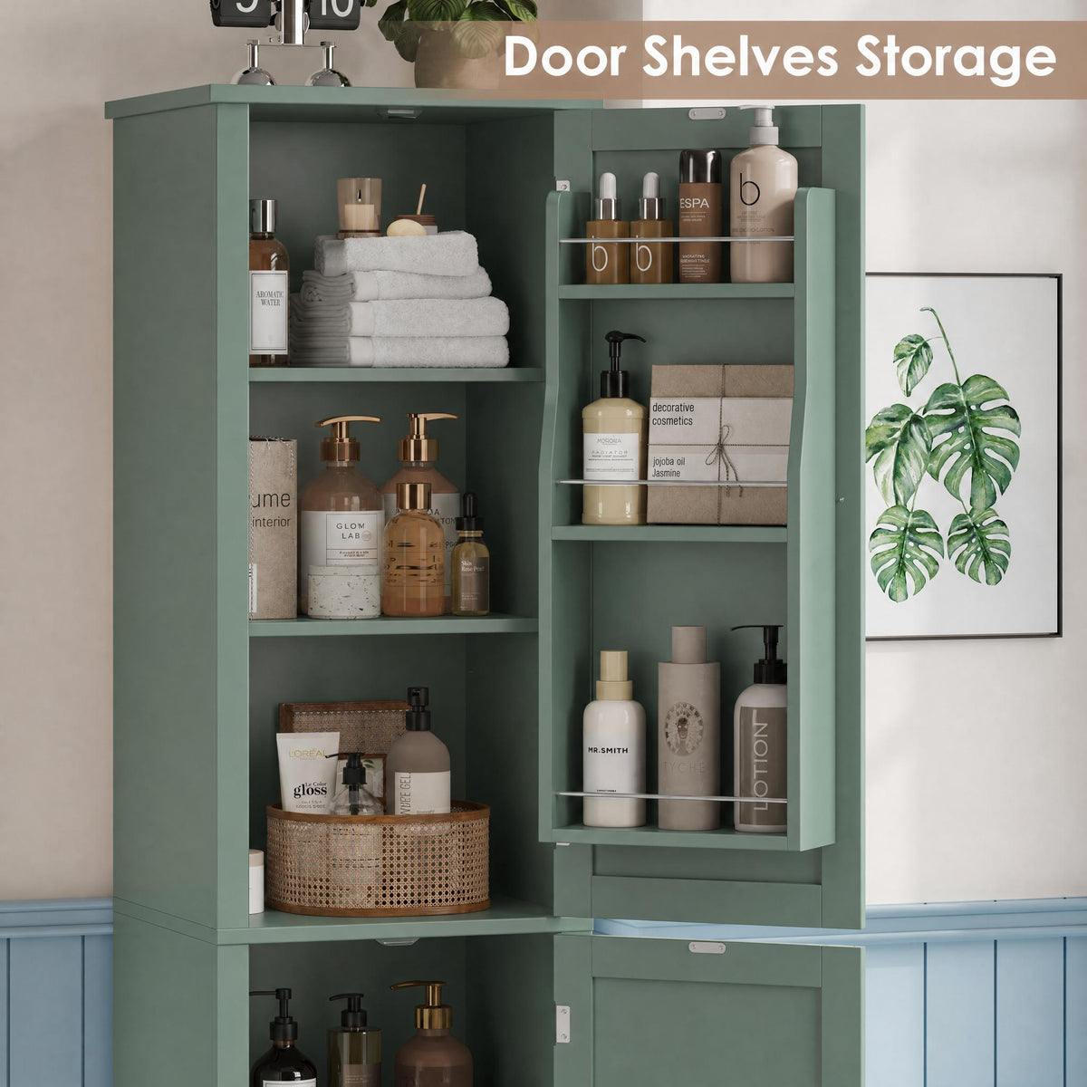 Hiphuta 71" Tall Narrow Bathroom Storage Cabinet, Slim Bathroom Storage Tower with Adjustable Shelves & Door Shelves, Narrow Cabinet with Doors for Small Spaces, Green