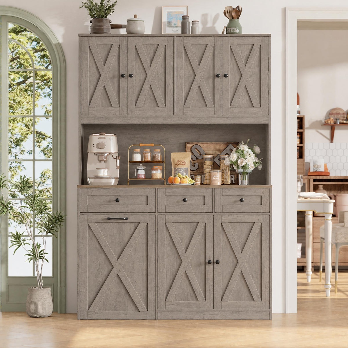 Hiphuta 73” Tall Kitchen Pantry Cabinet Fits 13 Gallon Trash Can Cabinet, Farmhouse Kitchen Storage Hutch with Pull Out Trash Can Storage for Dining Room Living Room, Ash Gray
