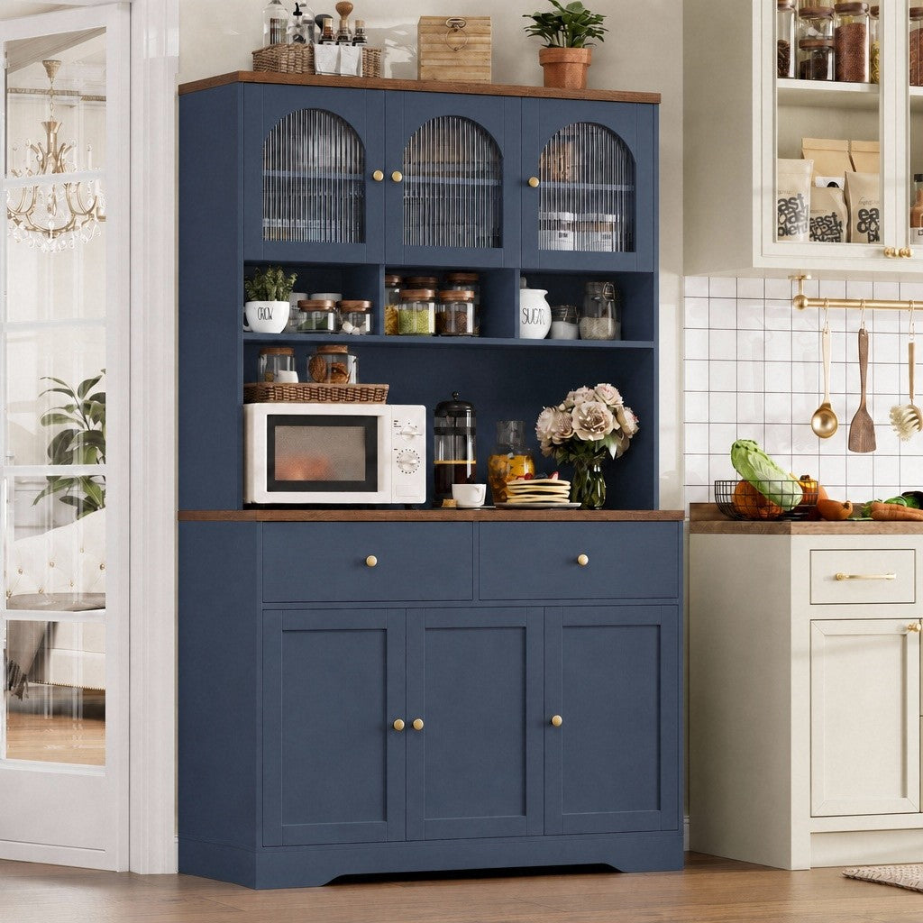Hiphuta 71"in Modern Kitchen Pantry Storage Cabinet, Freestanding Kitchen Hutch Cabinet with Adjustable Shelves & Microwave Stand, Modern Coffee Hutch for Dining Room, Blue