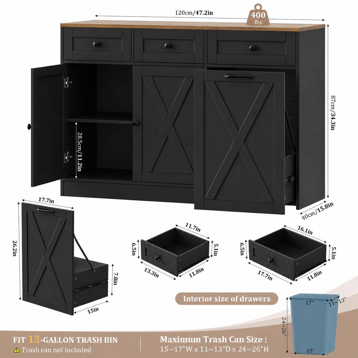 Hiphuta Trash Can Buffet Cabinet Fits 13 Gallon, 47"W Farmhouse Credenza Sideboard with Hidden Garbage Can Cabinet for Dining and Living Room, Black