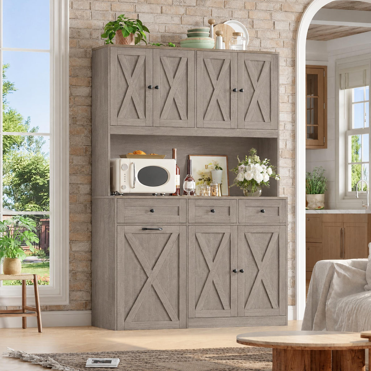Hiphuta 73” Tall Kitchen Pantry Cabinet Fits 13 Gallon Trash Can Cabinet, Farmhouse Kitchen Storage Hutch with Pull Out Trash Can Storage for Dining Room Living Room, Ash Gray
