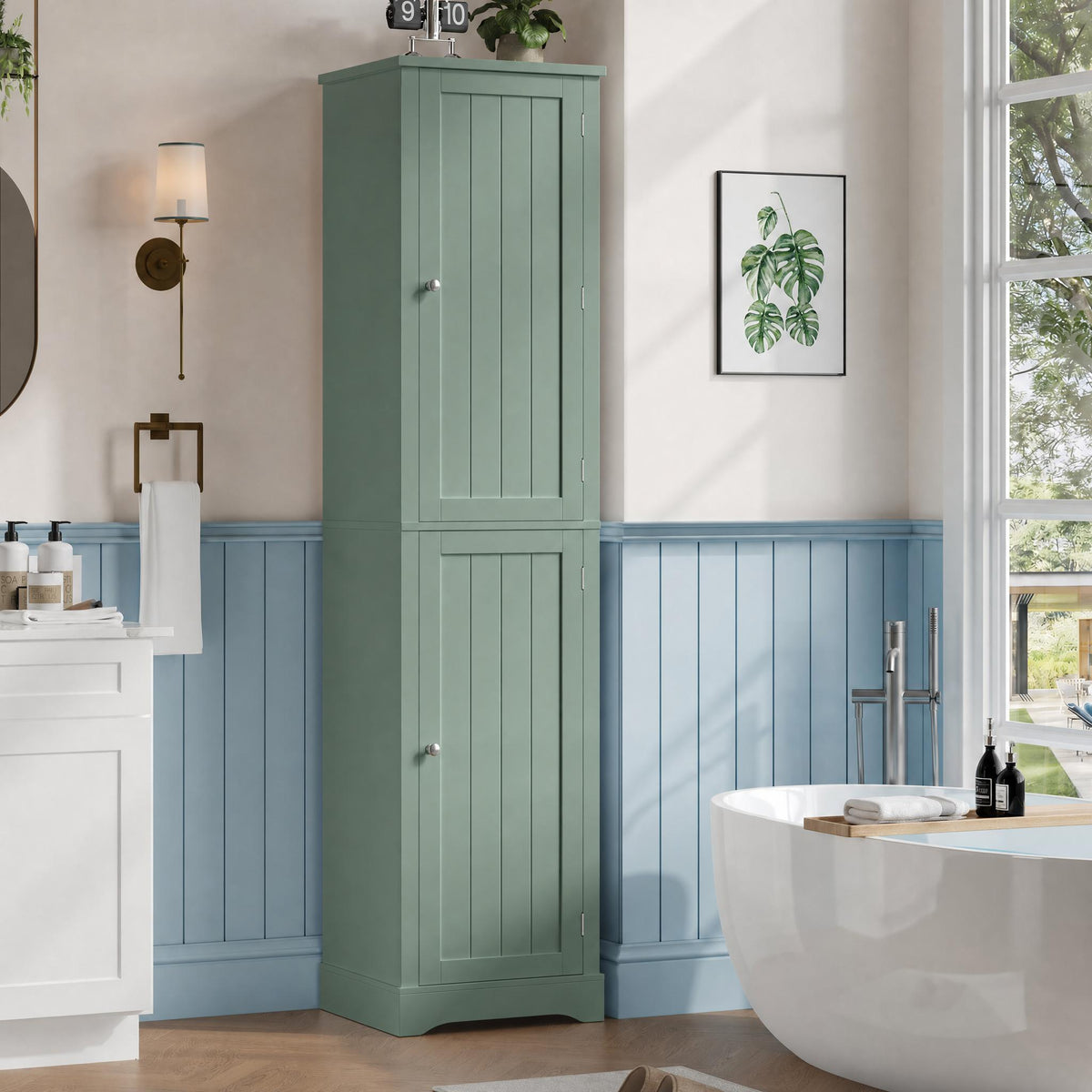 Hiphuta 71" Tall Narrow Bathroom Storage Cabinet, Slim Bathroom Storage Tower with Adjustable Shelves & Door Shelves, Narrow Cabinet with Doors for Small Spaces, Green