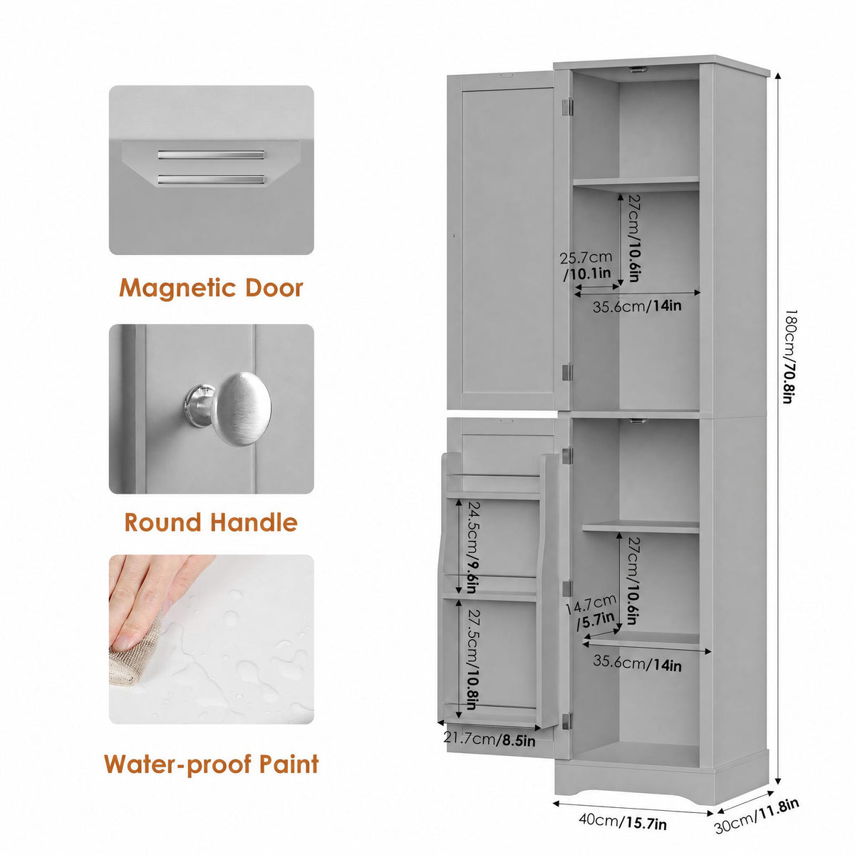 Hiphuta 71" Tall Narrow Bathroom Storage Cabinet, Slim Bathroom Storage Tower with Adjustable Shelves & Door Shelves, Narrow Cabinet with Doors for Small Spaces, Gray