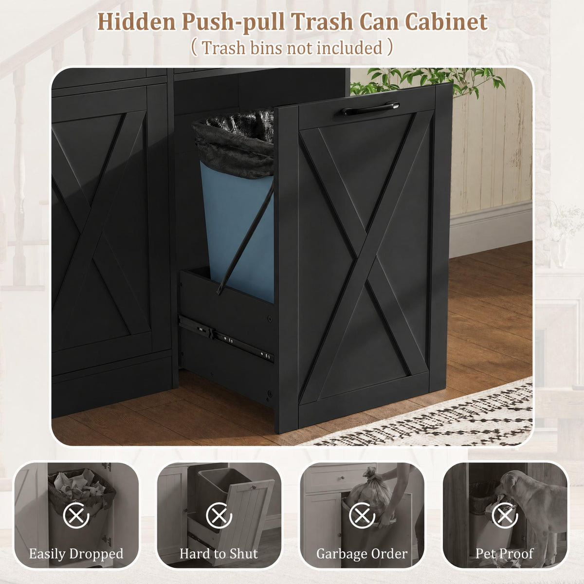 Hiphuta Trash Can Buffet Cabinet Fits 13 Gallon, 47"W Farmhouse Credenza Sideboard with Hidden Garbage Can Cabinet for Dining and Living Room, Black
