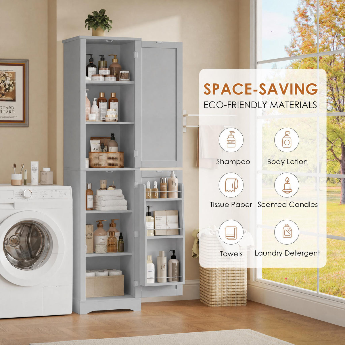 Hiphuta 71" Tall Narrow Bathroom Storage Cabinet, Slim Bathroom Storage Tower with Adjustable Shelves & Door Shelves, Narrow Cabinet with Doors for Small Spaces, Gray