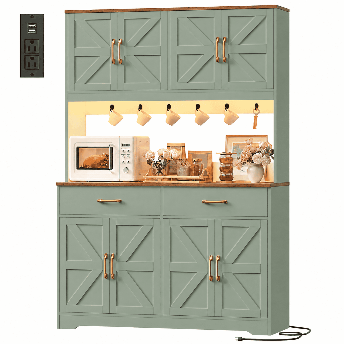 Hiphuta 71" Tall Kitchen Pantry Storage Cabinet with RGB LED and 6 Metal Hooks, Farmhouse Coffee Bar Cabinet with Charging Station, Buffet with Hutch and Microwave Stand, Green