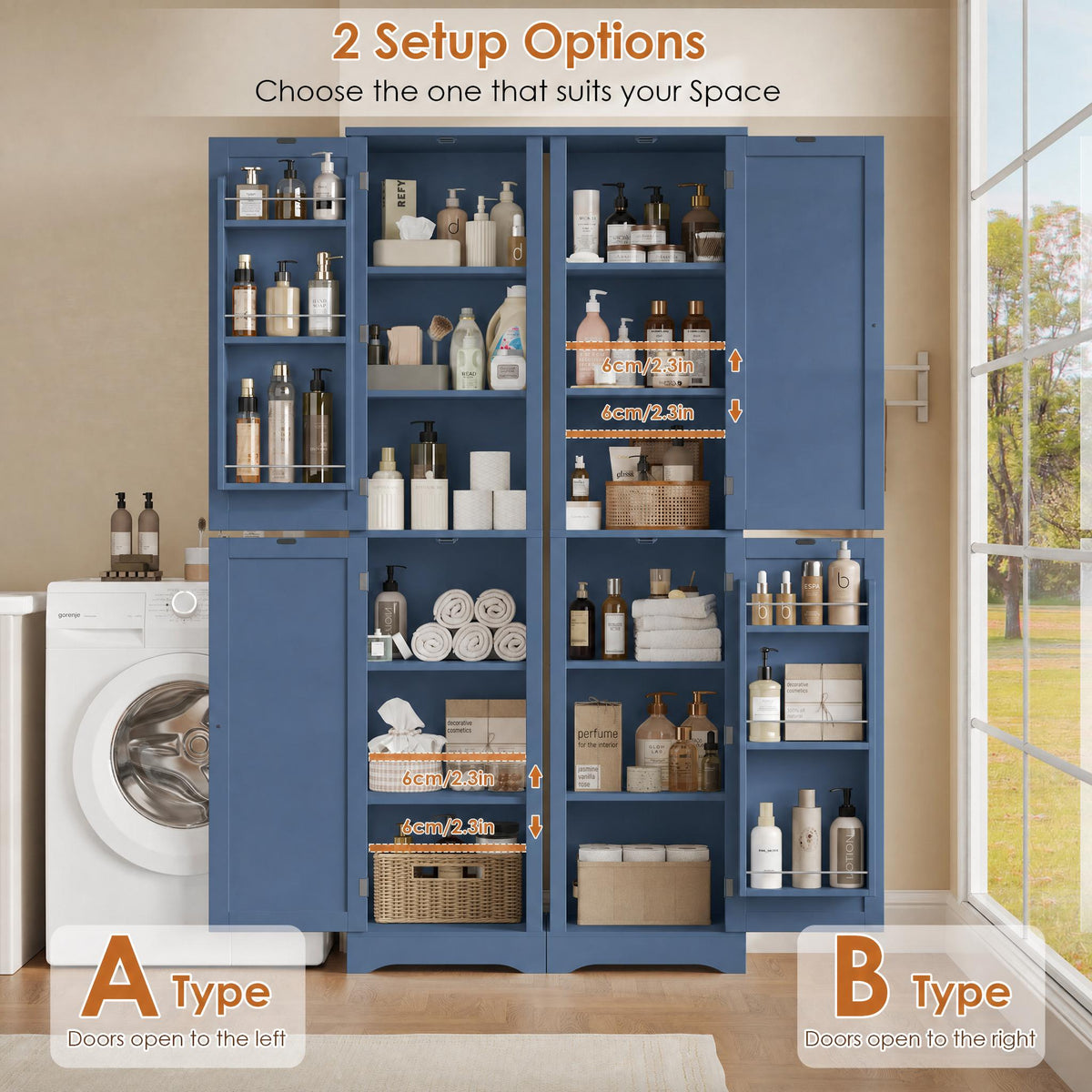 Hiphuta 71" Tall Narrow Bathroom Storage Cabinet, Slim Bathroom Storage Tower with Adjustable Shelves & Door Shelves, Narrow Cabinet with Doors for Small Spaces, Blue