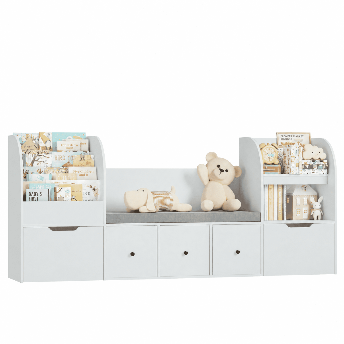 Hiphuta 71" Wide Kids Bookcase with Reading Nook, Large Toy Storage Organizer with 5 Drawers and Seat Cushion, Gray