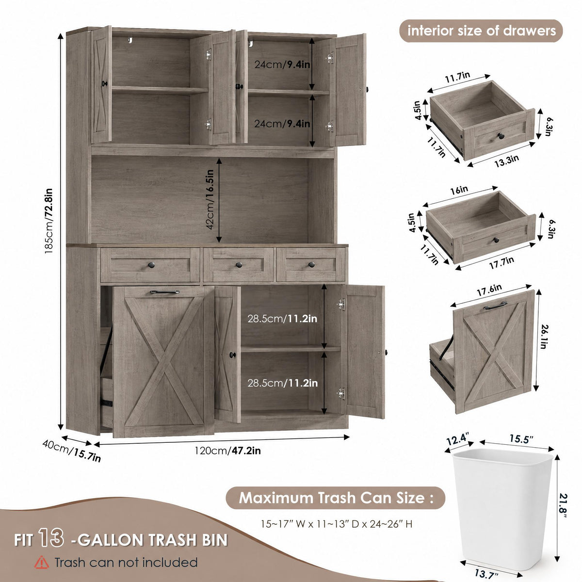 Hiphuta 73” Tall Kitchen Pantry Cabinet Fits 13 Gallon Trash Can Cabinet, Farmhouse Kitchen Storage Hutch with Pull Out Trash Can Storage for Dining Room Living Room, Ash Gray